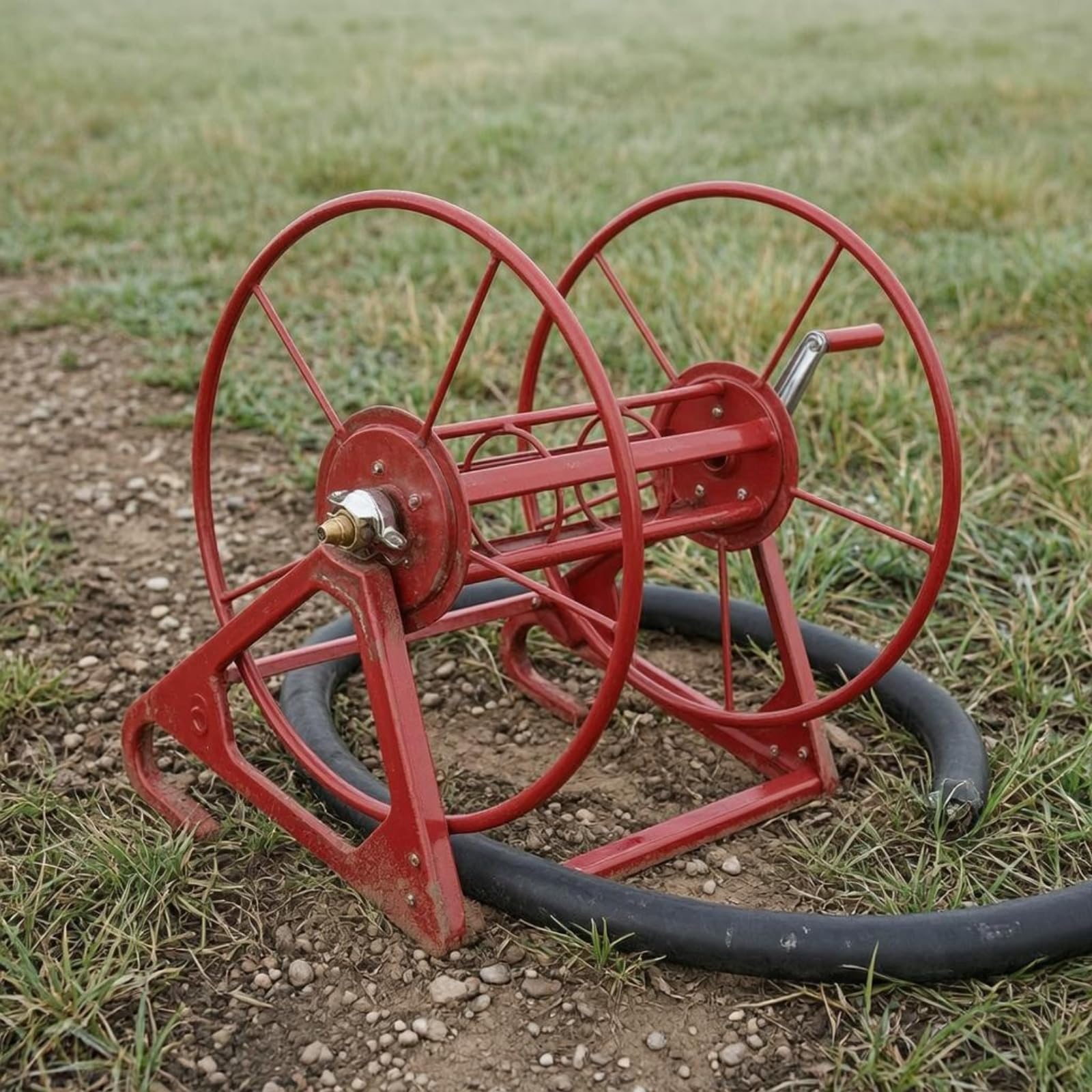 Avvolgitubo Agricolo Carrello Avvolgitubo Bobina Supporto Manuale con Ruote Circolari Base Triangolare Antiribaltamento Adatto per Attrezzatura Agricola Cortile Orto, Rosso, 300 Metri