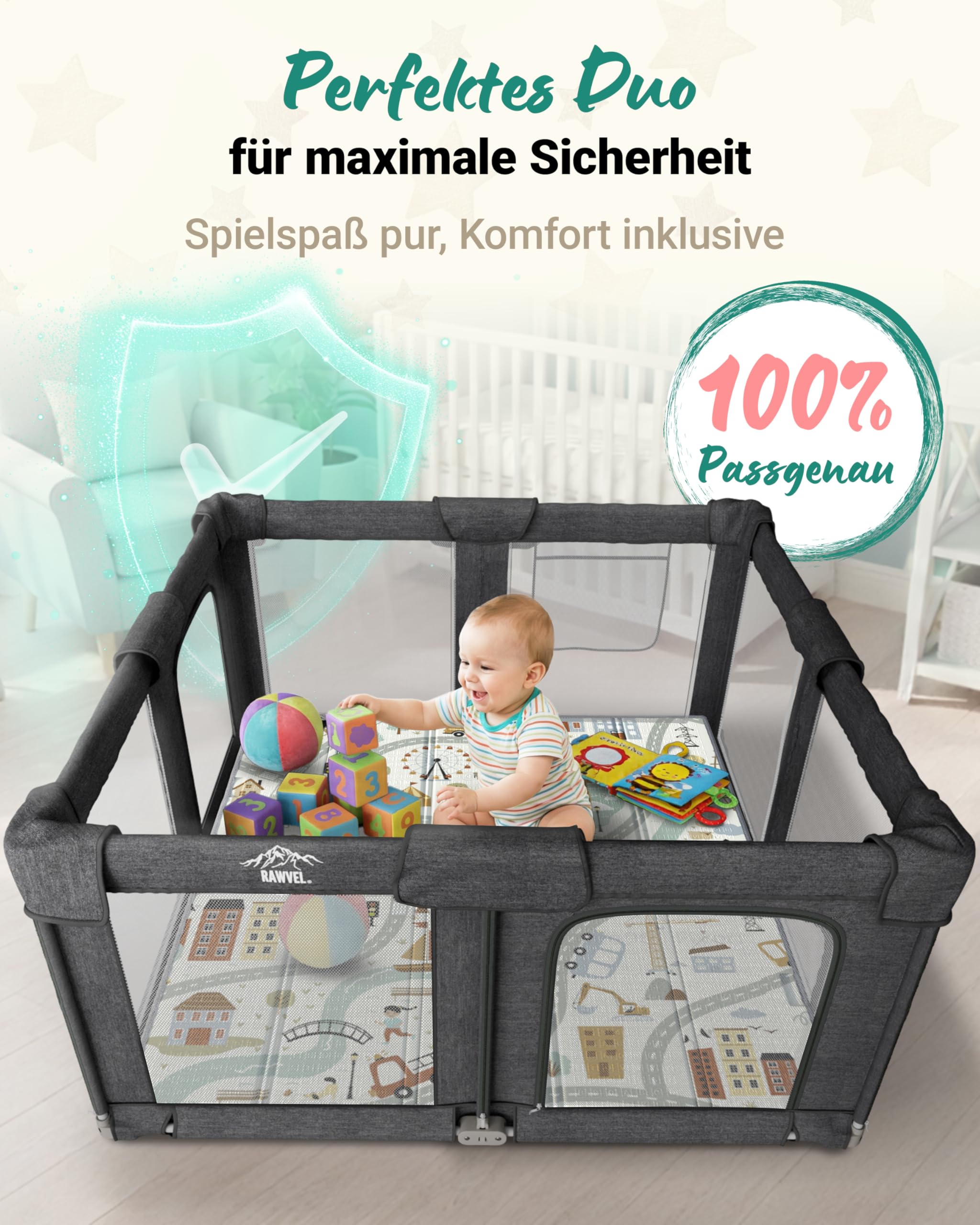 RAWVEL Krabbelmatte baby faltbar [127x127cm / 1cm Dick] Spielmatte Baby faltbar [100% BPA-Frei] Spielmatte Kinder Playmat krabbeldecke Doppelseitig | 2-in-1 Montessori Design | + Tragetasche
