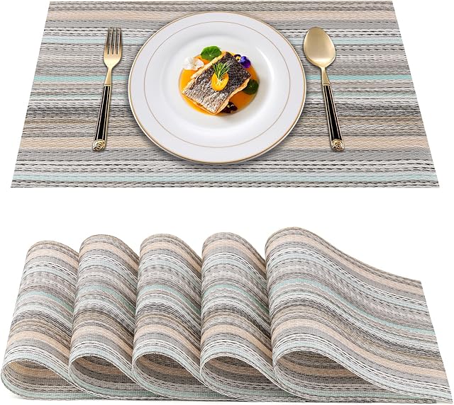 Placemats Sets of 6 for Dining Table - Rustic Placemat Woven Vinyl PVC with Green Farmhouse Strip, Non-Slip Washable Placemats Heat Resistant Kitchen Table Mats for Home Restaurant Cafe Pub (6, Green)