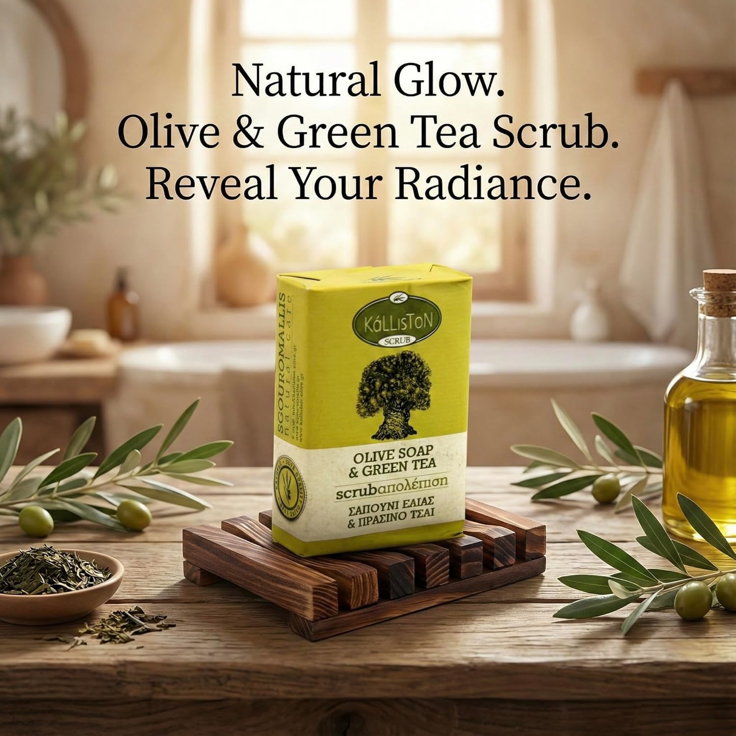 Kalliston, Olive Oil & Green Tea Scrub, Soap Bar, Handcrafted in Crete, Greece, Pack of 3 with bamboo Soap Dish