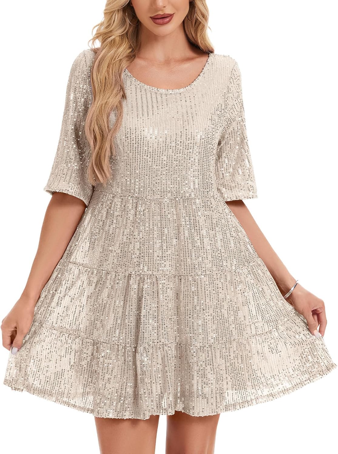 MINTLIMIT Women Sequin Dress Sexy Sparkly Glitter Minidress Pleated Night Out Party Disco Casual Tunic Cute Short Dresses