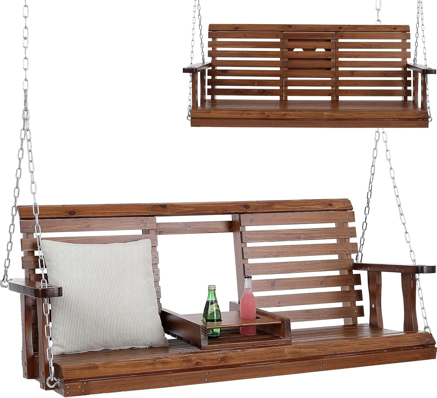 5 Ft Wooden Porch Swing with Flip Cup Holder, Swing Chair Bench with Hanging Chains for Outdoor Patio Garden Yard (Brown, 5FT / Flip Cup Holder)