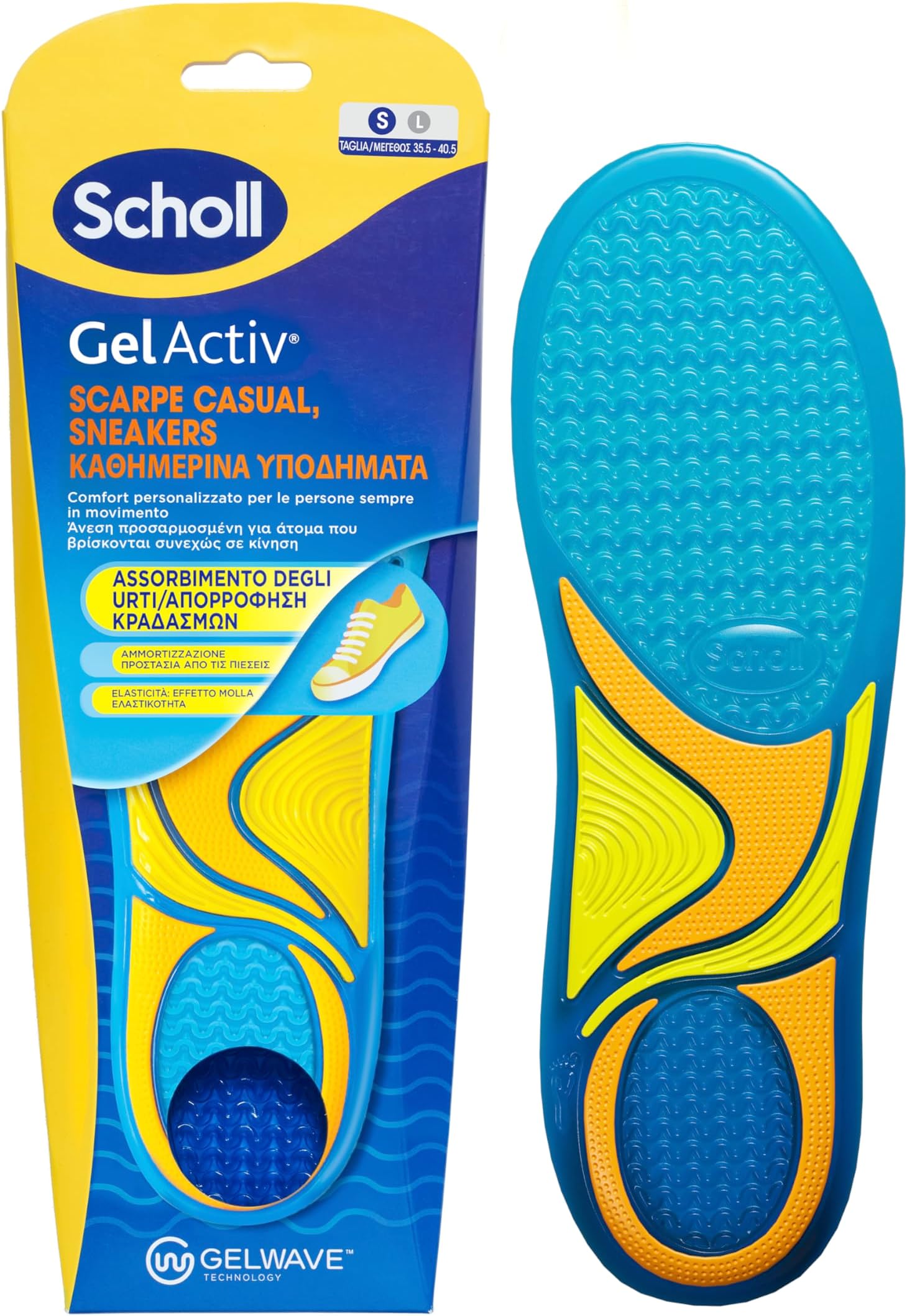 SchollScholl GelActiv Insoles for Casual Shoes and Trainers, Memory Foam Insoles with GelWave Cushioning Technology, Comfort for People Who Are Always On The Go Size S