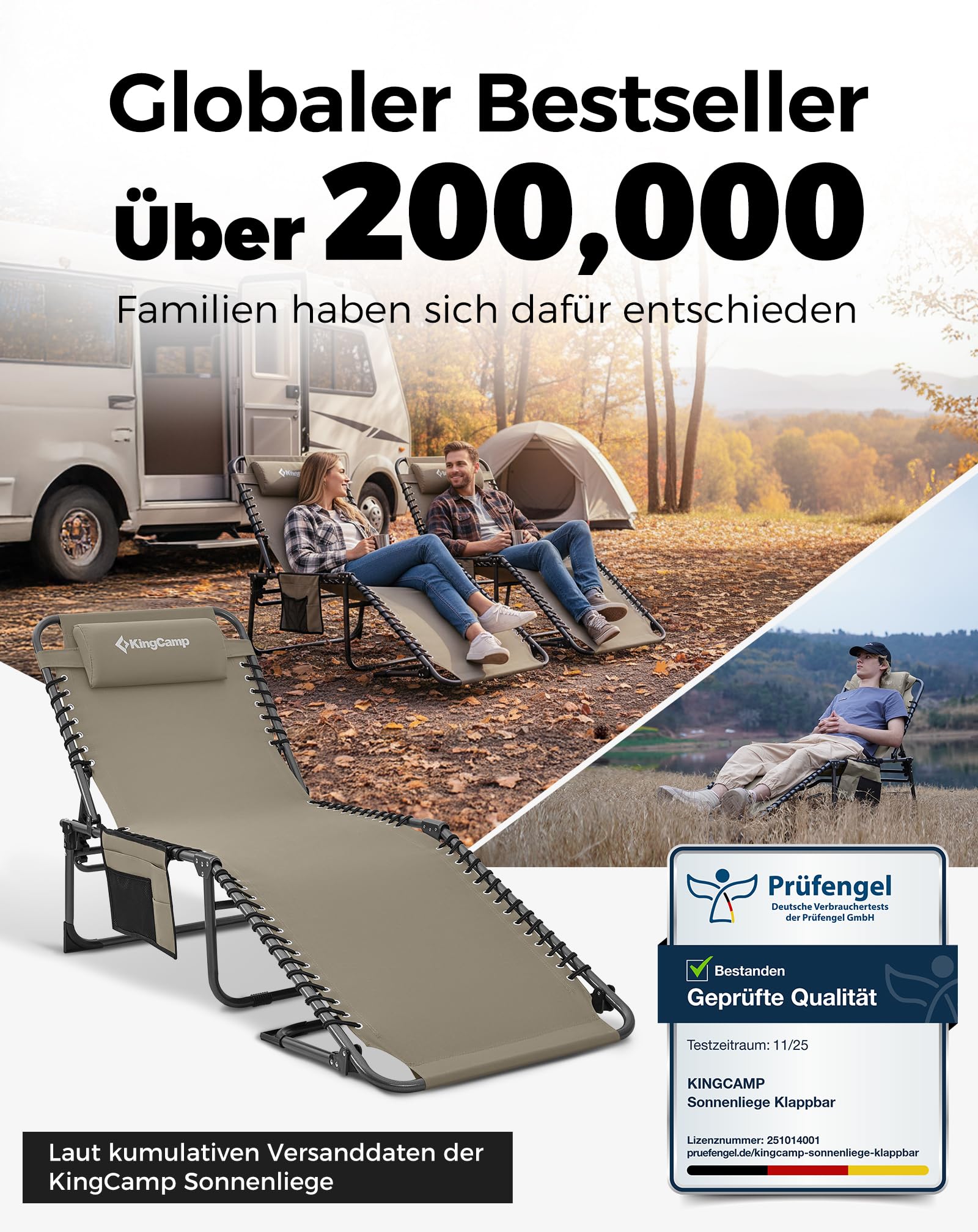 KingCamp Sonnenliege Klappbar 5-Verstellbarer Rückenlehne Gartenliege klappbar Liegestuhl Strandliege Campingliege Klappbett mit Kopfkissen für Strand Garten Terrasse Pool Camping Outdoor Indoor