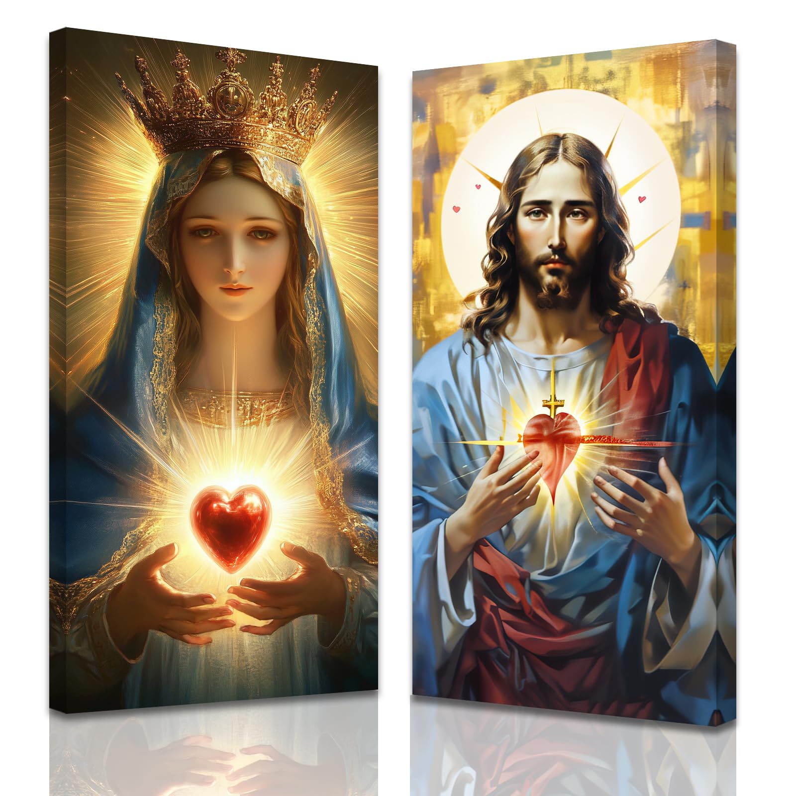 ZXHYWYM Sacred Heart of Jesus and Mary Wall Art Christian Pictures for Wall Jesus and Virgin Mary Portraits Canvas Prints Catholic Painting Church Decor Framed (Blue, (20x40cmx2 Pieces))