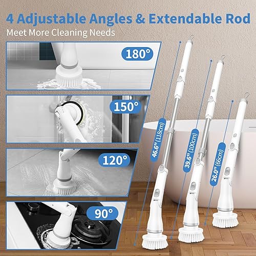 Miniatura 4 de BUQ Depurador eléctrico giratorio de hasta 450 rpm, limpiador de ducha inalámbrico con 6 cabezales de repuesto, depurador de baño de 3 horas de