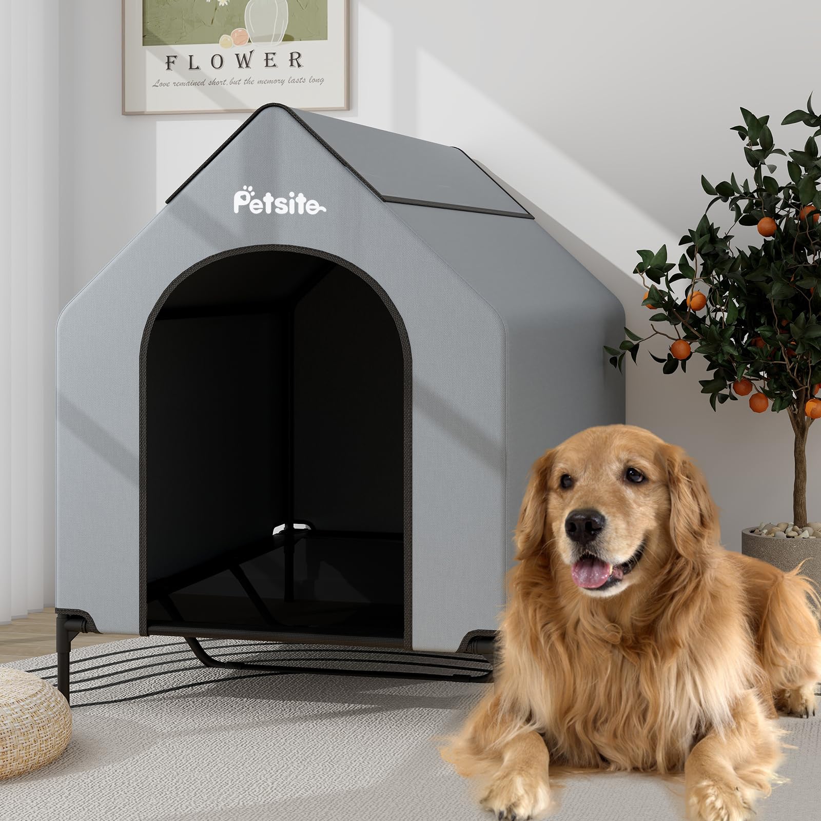 COSTWAY 2 in 1 Hundehütte & erhöhtes Hundebett, Hundeliege Outdoor, Haustierhaus mit atmungsaktivem Netzgewebe & Abnehmbarer Abdeckung, Hundehaus für große Hunde, Oxford, Grau (84 x 132 x 114 cm)