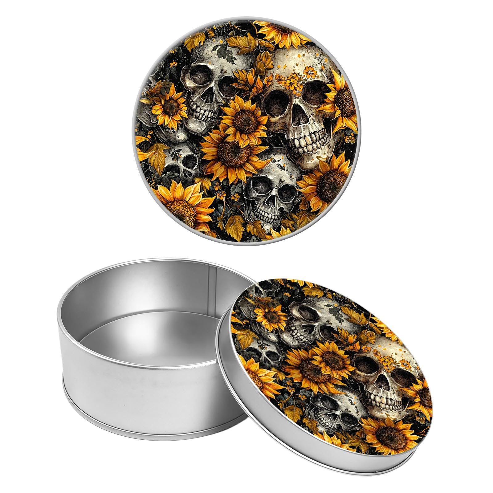 Round Metal Tin Container with Removable Lid, Retro Skull Sunflower Durable Metal Storage Box for Crafts Snacks Candies Office Supplies Small Items 3.54 x 1.38 inch– Single Pack