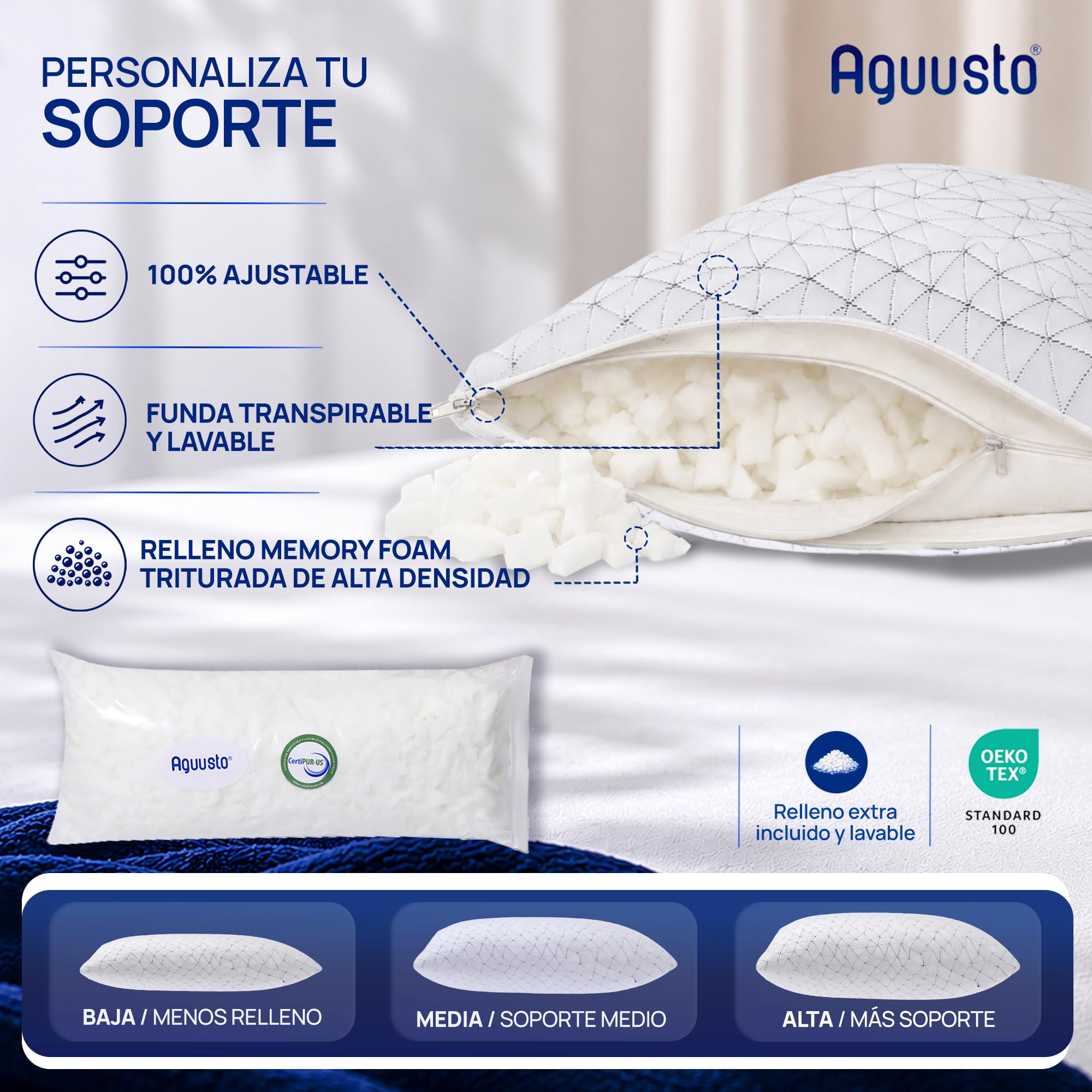 Oficial Almohada de Gel Viscoelástica Premium - Relleno Ajustable - Doble Funda Lavable y Transpirable, para Dormir de Lado, Boca Arriba o Boca Abajo, Memory Foam, Augusto Matrimonial 70cm