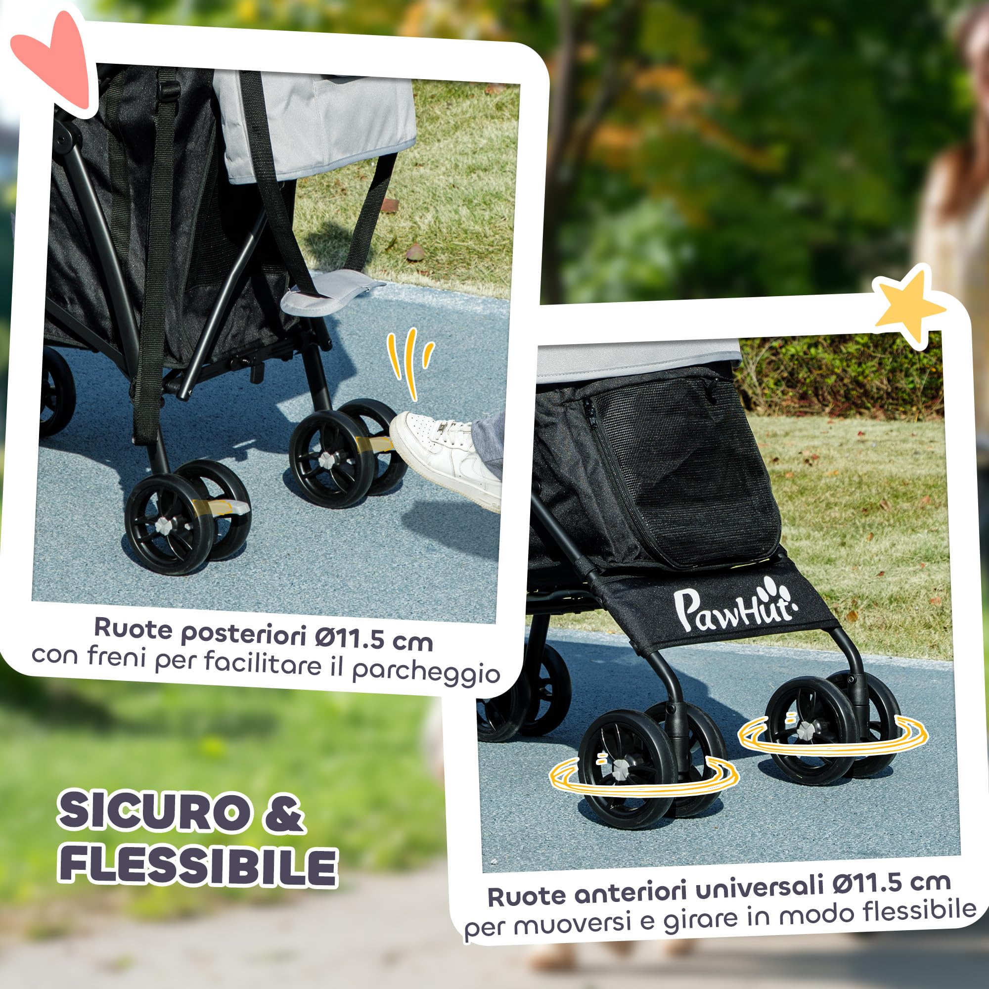 PawHut Cochecito plegable para perros pequeños con correas, bolsa portaobjetos y portavasos, cochecito para mascotas con ventanas de malla, 76 x 44 x 103 cm, negro y gris claro