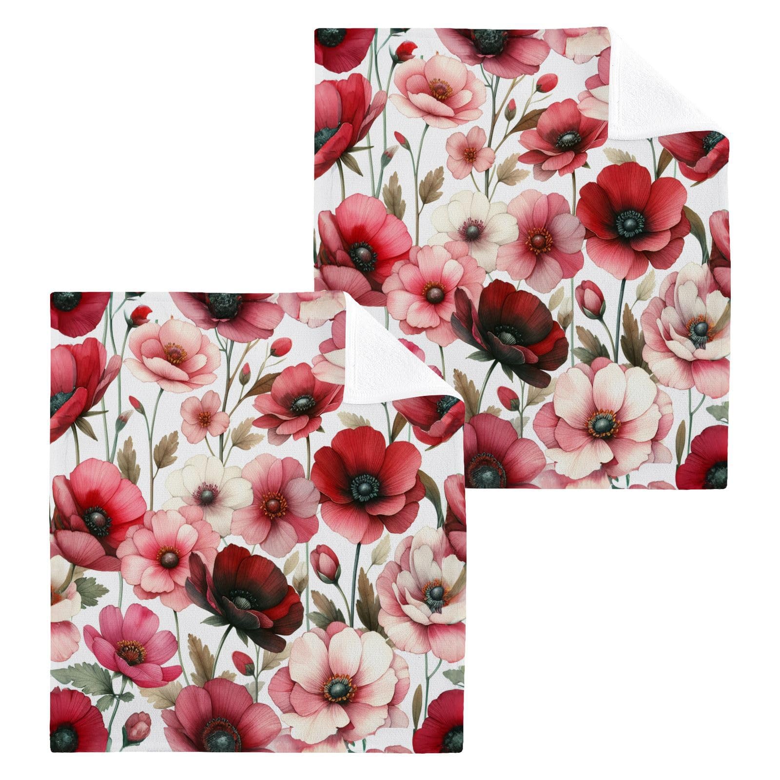 YANENDIE Red Pink Flowers Washcloths Towels, Highly Absorbent and Soft Cotton Face Cloths, 2 Pack Quick Dry Wash Cloths - 12 X 12 Inches