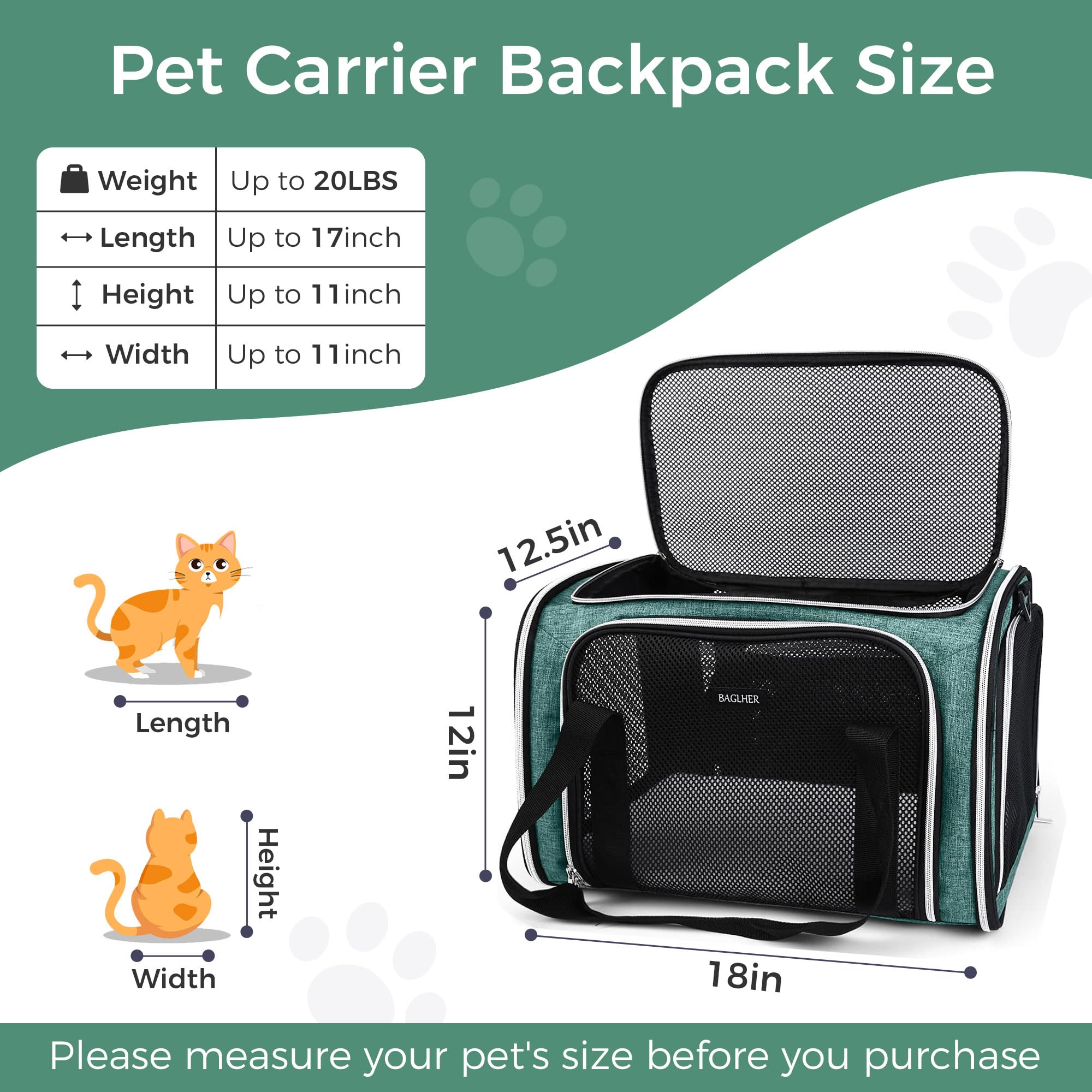 BAGLHER Pet Travel Carrier, Cat Carriers Dog Carrier for Small Medium Cats Dogs Puppies, Airline Approved Small Dog Carrier Soft Sided, Collapsible Puppy Carrier. Green - image 2