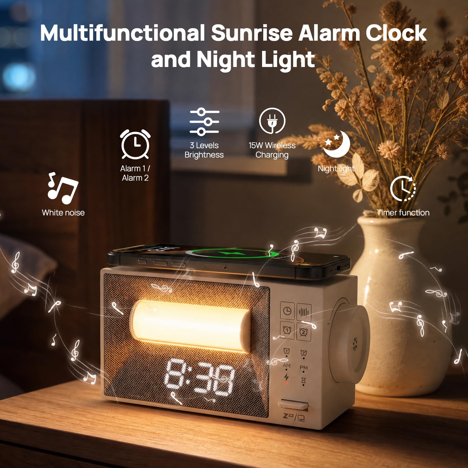 Despertador digital con estación de carga, cargador rápido inalámbrico de 15 W, despertador digital con 20 sonidos naturales, luz nocturna, lámpara de noche con luz diurna, despertador con función de