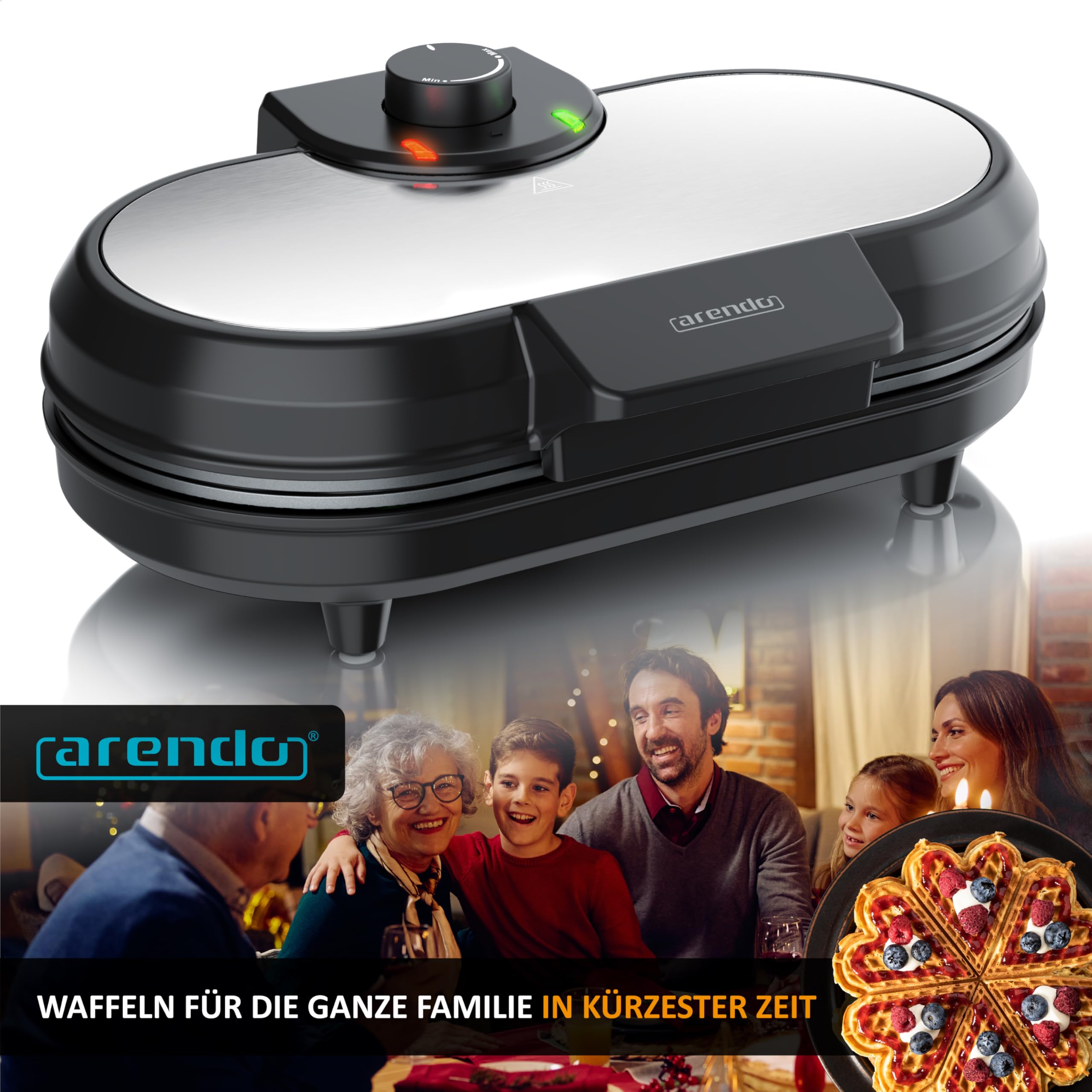 Arendo - Waffeleisen doppelt - Herzform – 1000 Watt – Waffel Maker – antihaftbeschichtet – Herzwaffeln – Temperaturregler - Waffelbackgerät