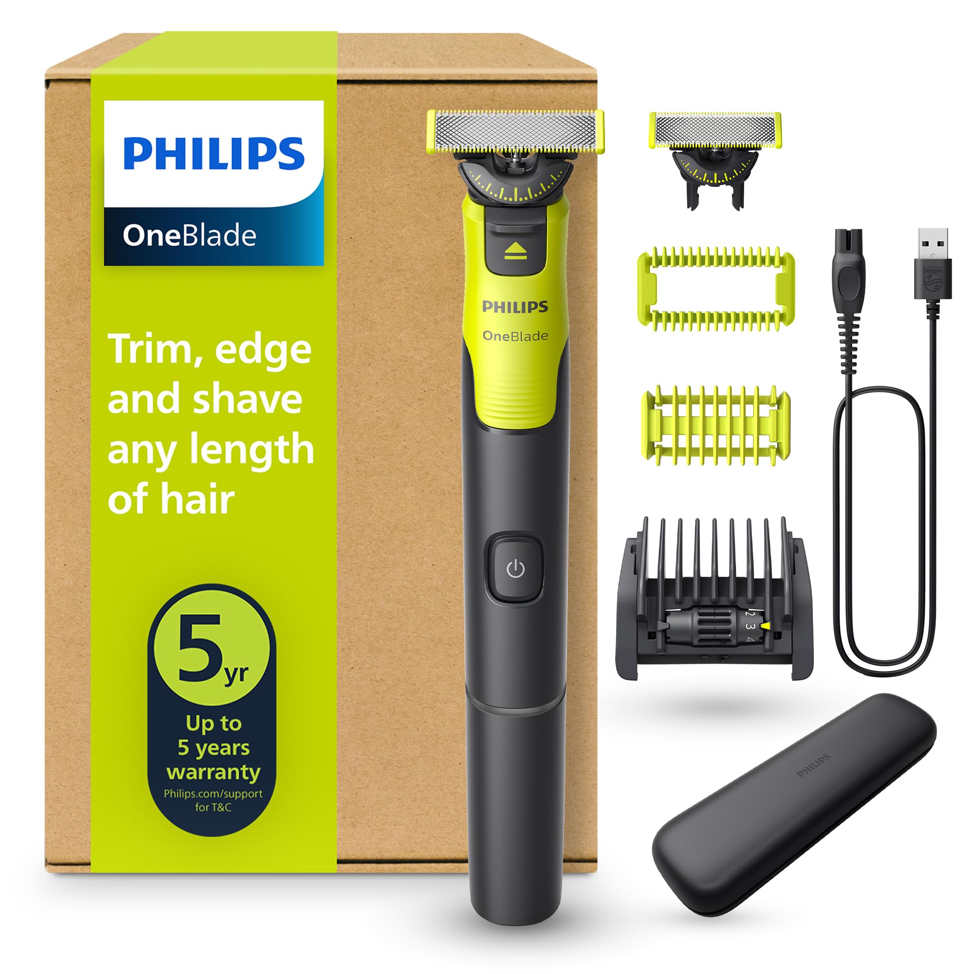 Philips OneBlade 360 Authentic Connected Electric Facial and Body Razor, Beard Trimmer and Brush, Blade 360 and Original, 5in1 Adjustable Comb, Body Kit, Travel Case, QP4631/65