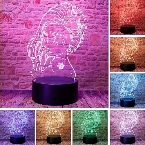 Linda princesa congelada Elsa personaje de anime 3D LED ilusión óptica decoración dormitorio lámpara de mesa con control remoto 7 colores acrílico