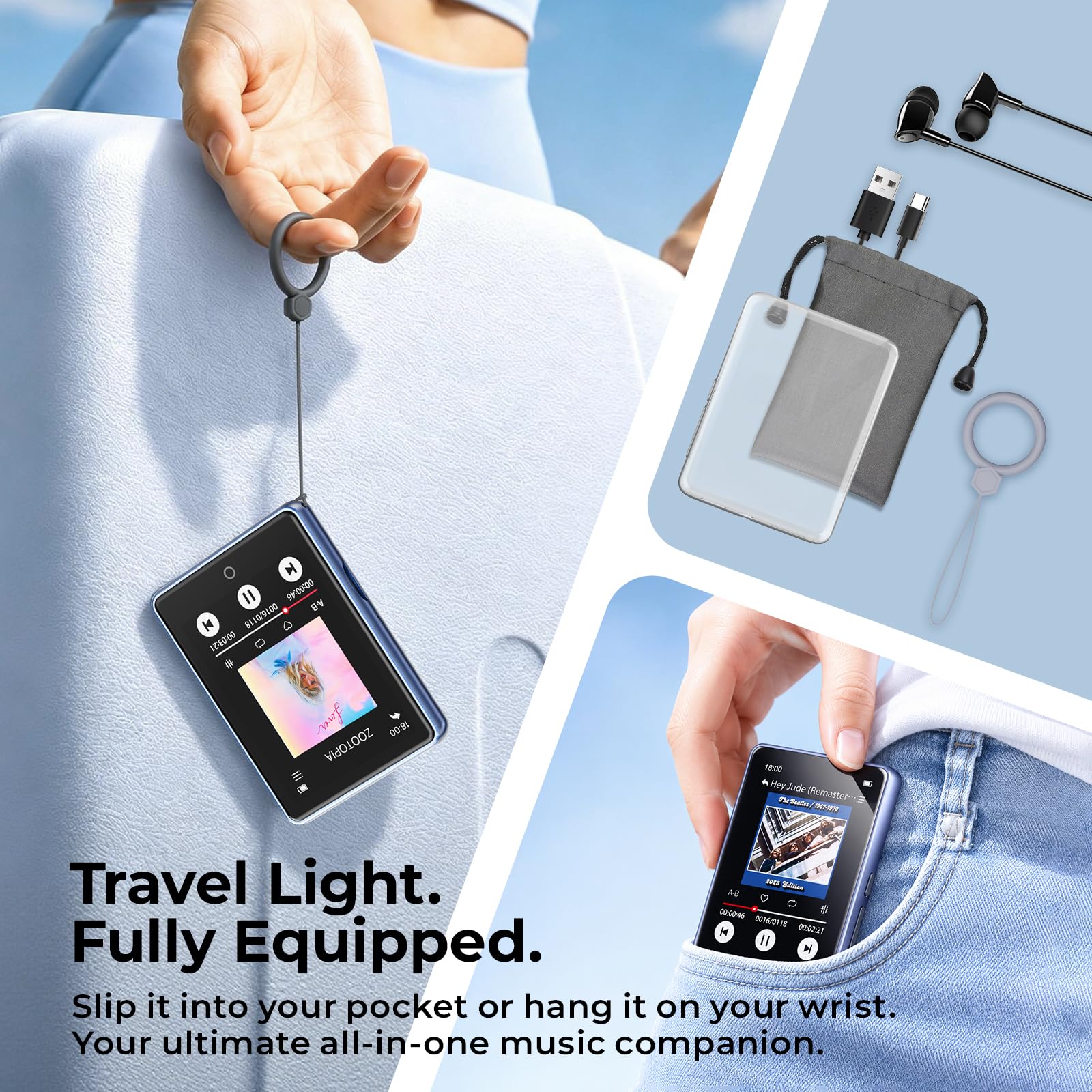 Odtwarzacz MP3 32 GB, Bluetooth 5.3, ekran dotykowy 2,8" | Metalowa obudowa i przenośna konstrukcja, głośnik, możliwość rozszerzenia do 128 GB, radio FM, nagrywanie głosu, budzik