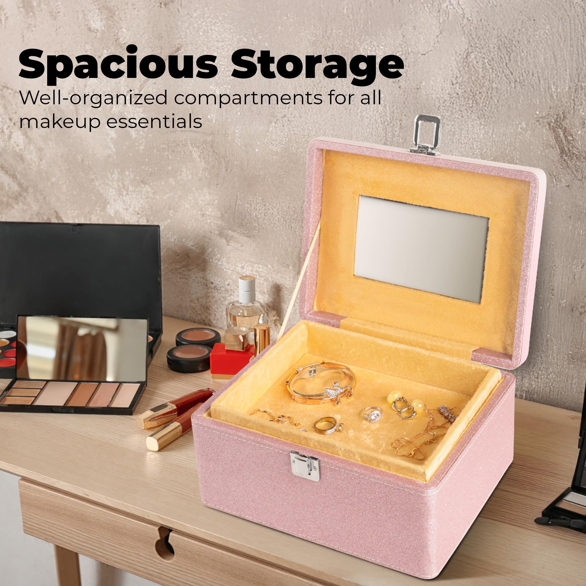 Makeup Box - Vanity Box for Women Bridal - Cosmetic Box Organiser, Durable, Stylish Finish for Home or Travel, Large Capacity Beauty Case for Brushes, Lipsticks & Skincare, Pink - Image 3 thumbnail