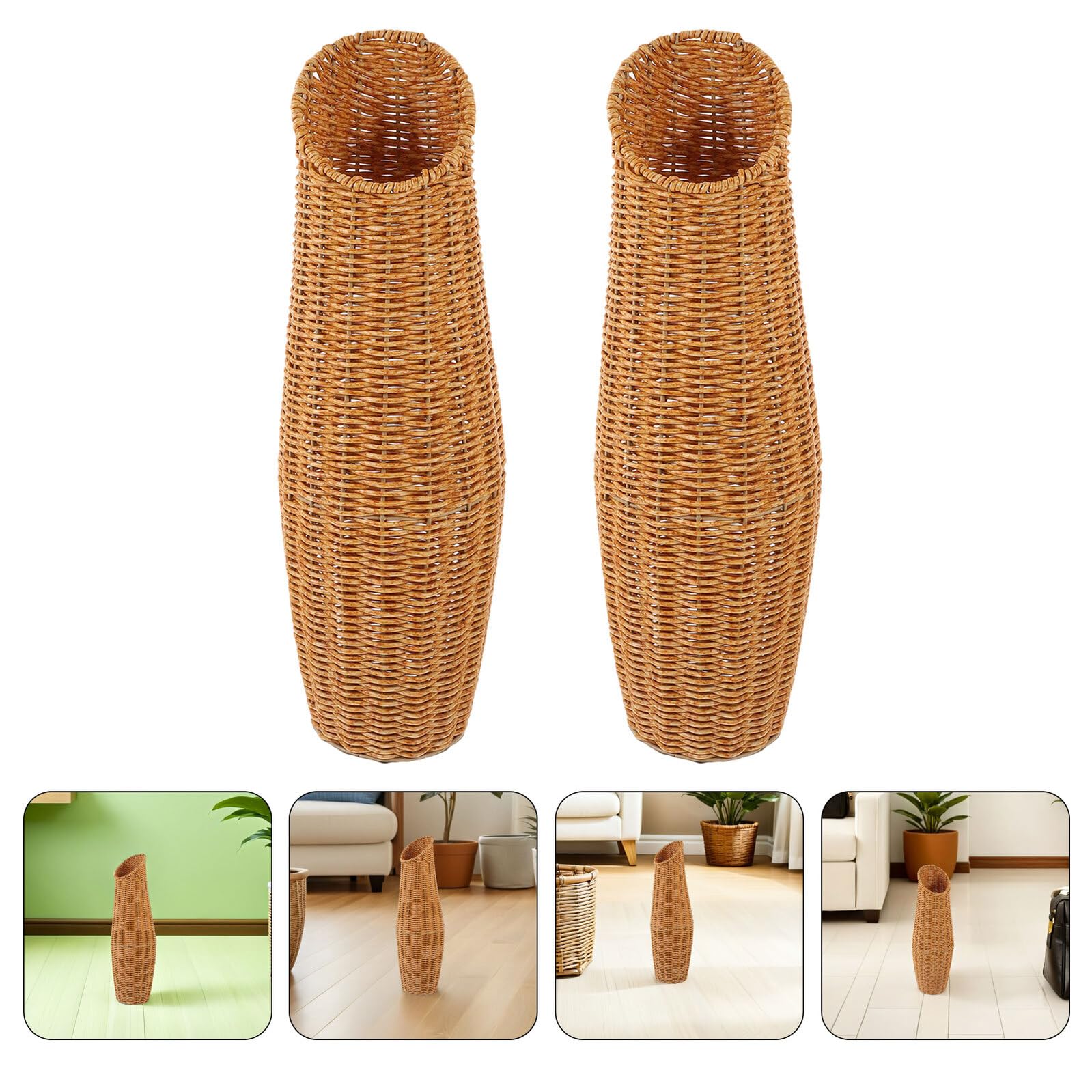 Jarrón de Suelo Tejido de Ratán Sintético 2 Unidades, Jarrones Altos Decorativos para Flores Artificiales y Secas, Florero Ligero y Resistente para Interiores, Sala de