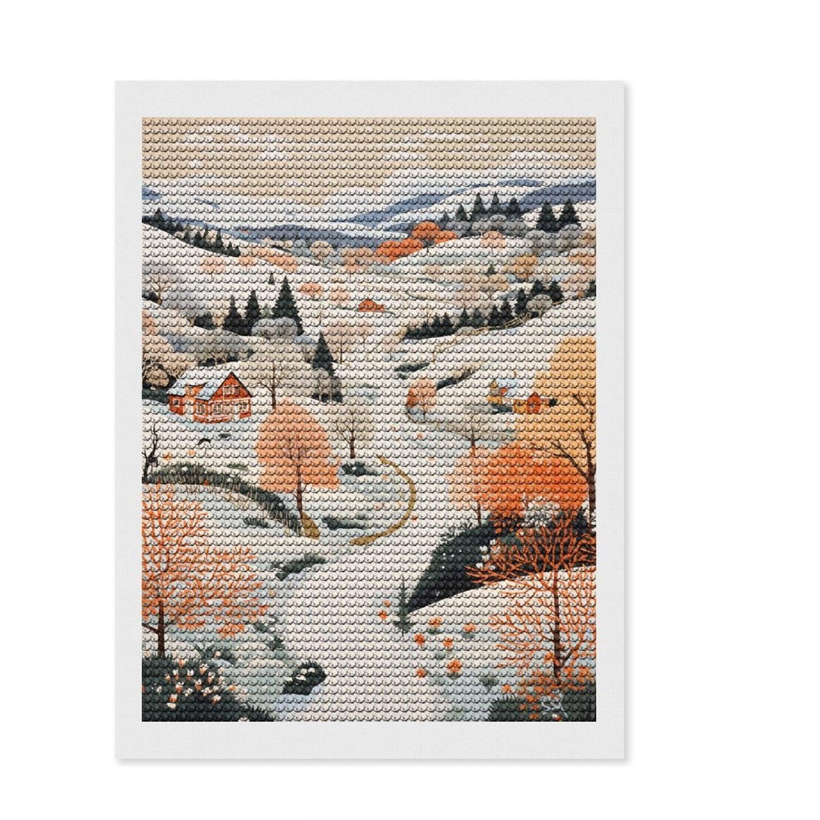 Junmoney Winter Wonderland Diamond Painting Kit 12"x16", Living Room Decor, for Beginners, Easy Handmade Project, Gift Idea, Adhesive Canvas