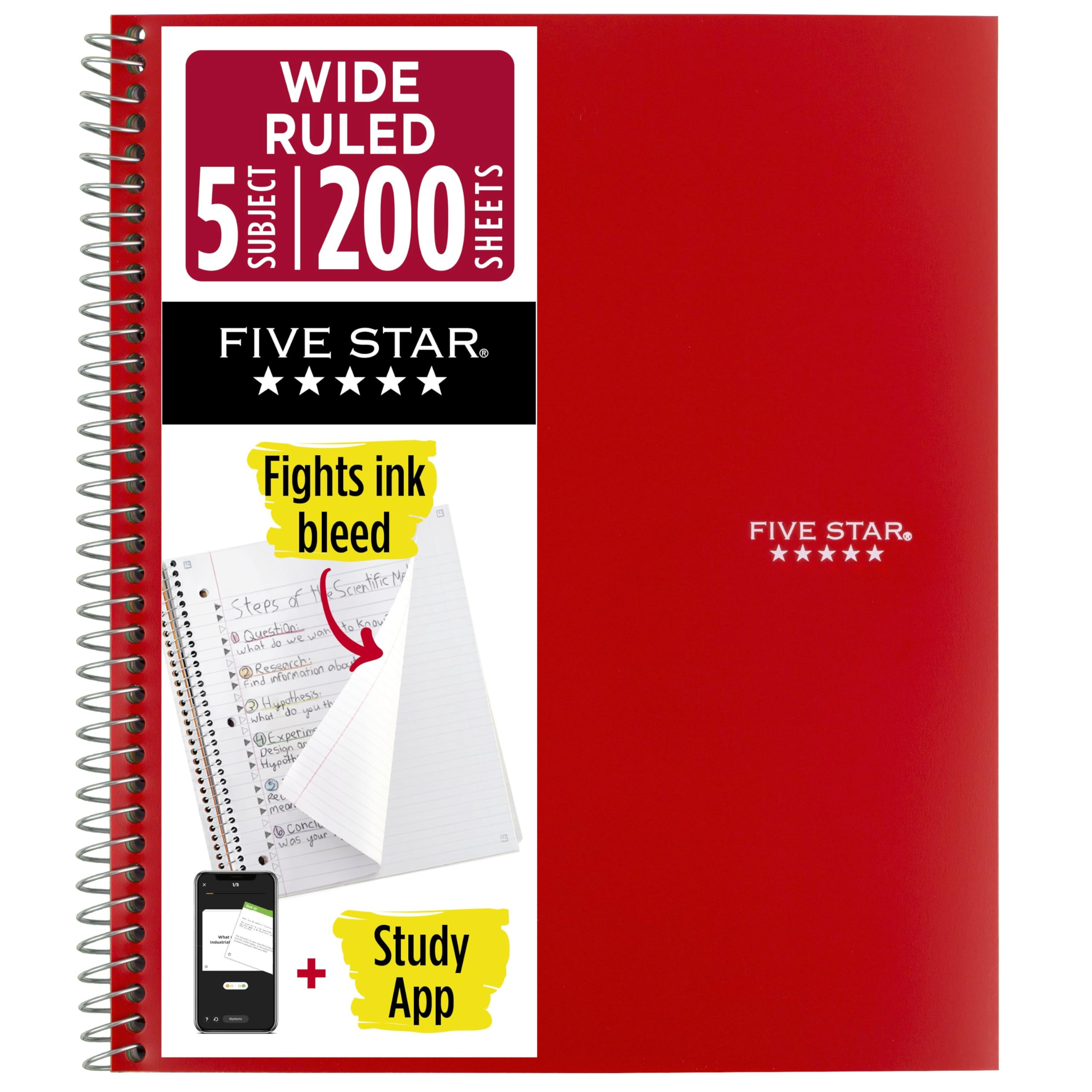 Five Star 72041, carnet à spirales, 5 sujets, papier à larges marges, résiste à la bavure d'encre, couverture résistante à l'eau, 20,3 x 26,7 cm, 200 feuilles, rouge
