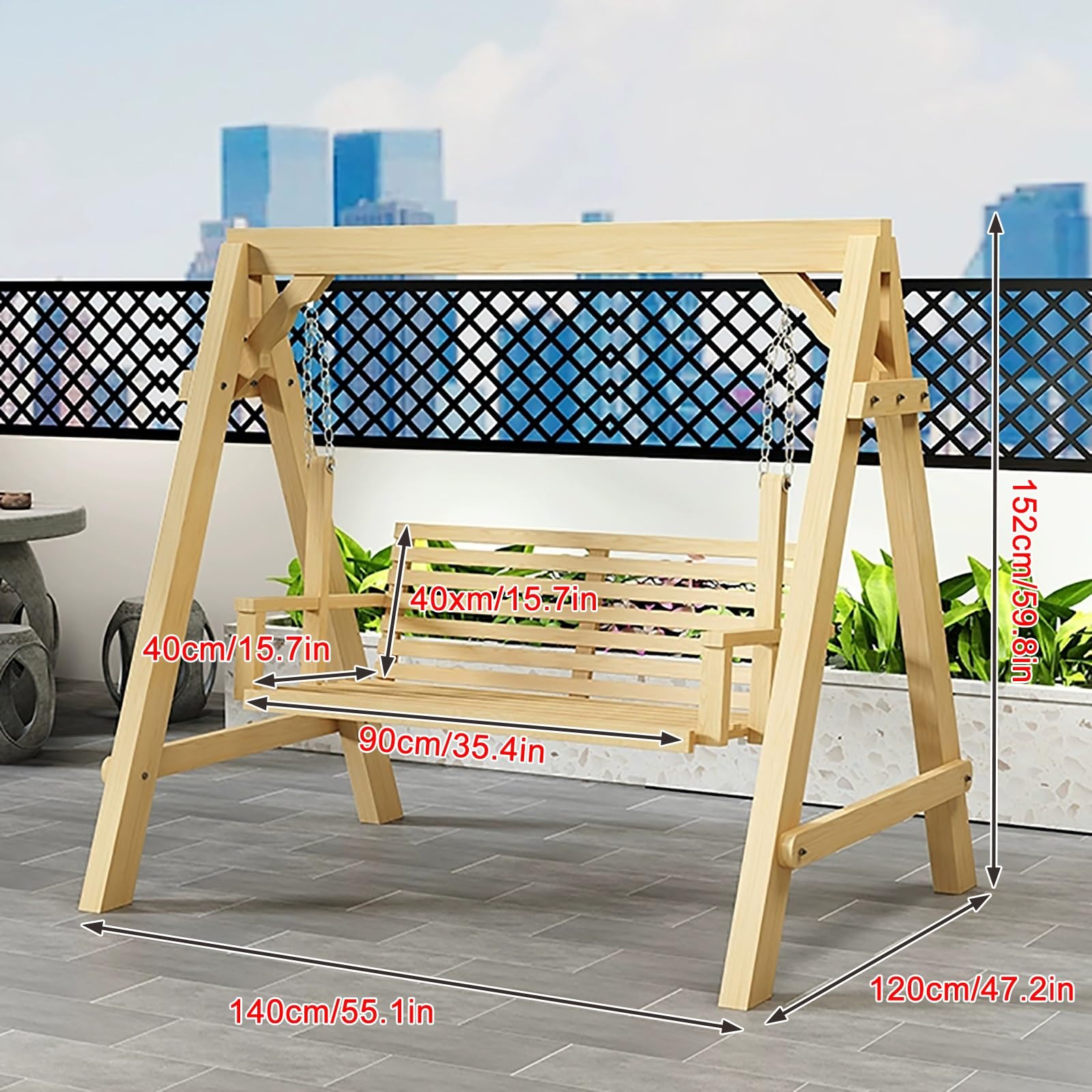 Altalena da portico in legno con supporto, panca da patio a 2 posti con schienale e braccioli, resistente capacità di 362,9 kg, per giardino, cortile, terrazza, relax a bordo piscina