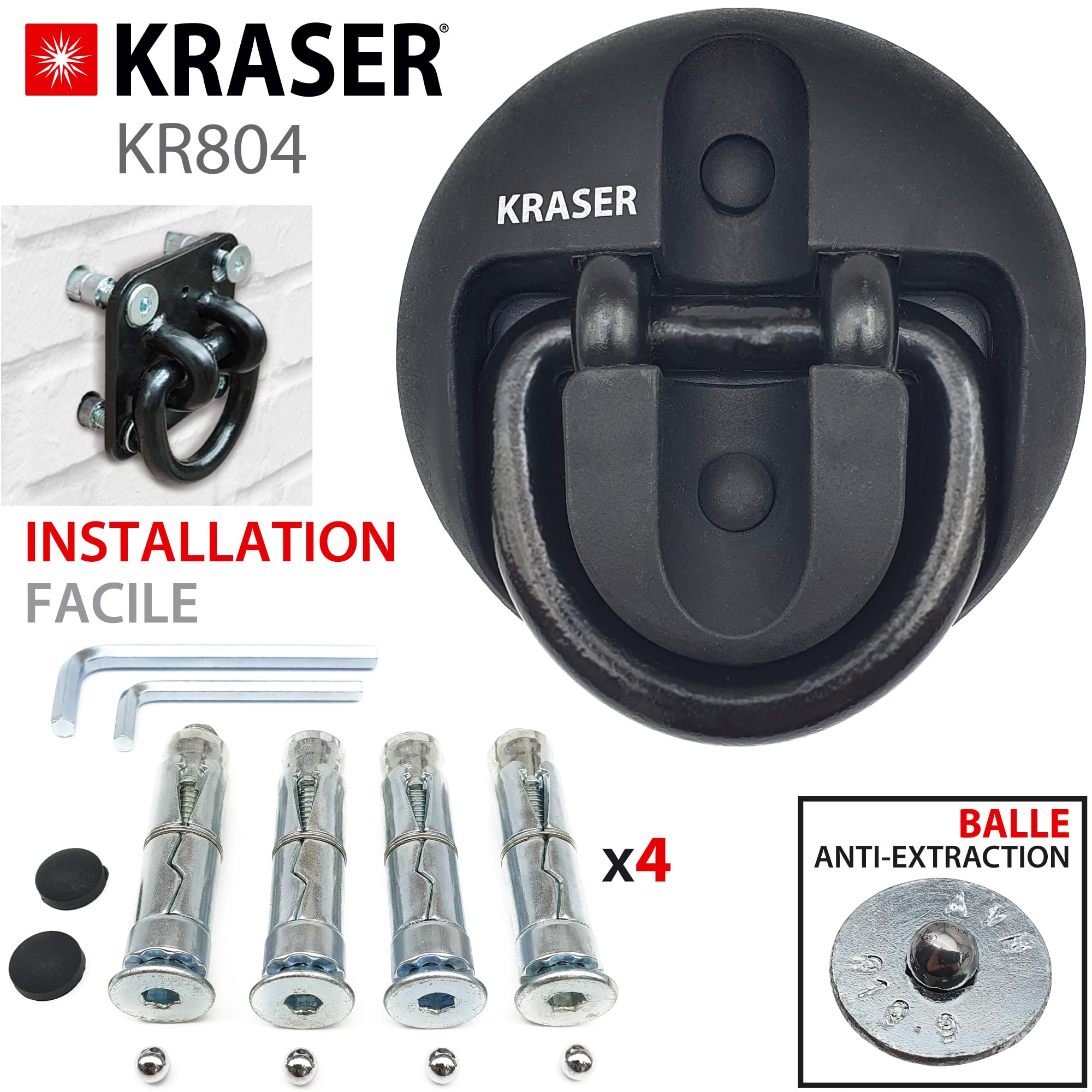 KRASER KR804 Ancrage Sécurité au Sol ou Mur pour Chaîne Antivol Moto, Anneu en Acier ø14 Rabattable, 4 Boulons d'Expansion, Fixation Garage Parking Universel Remorque Scooter, Vélo Electrique