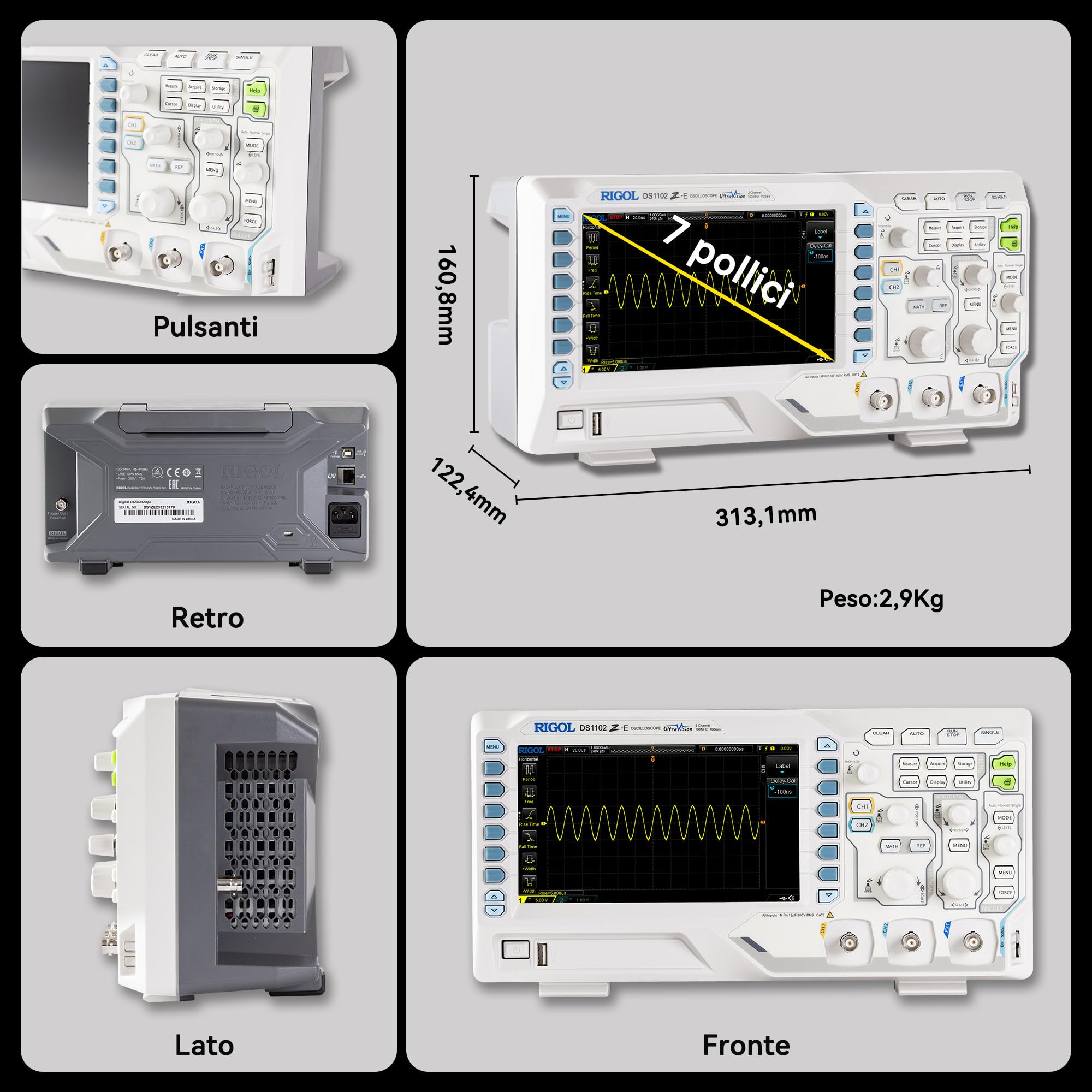 RIGOL Oscilloscopio,DS1102Z-E Oscilloscopio Digitale,100 MHz,2 canali+EXT,schermo fosforo HD 7",Alto rapporto qualità-prezzo,ideale per R&D,manutenzione e didattica in laboratorio