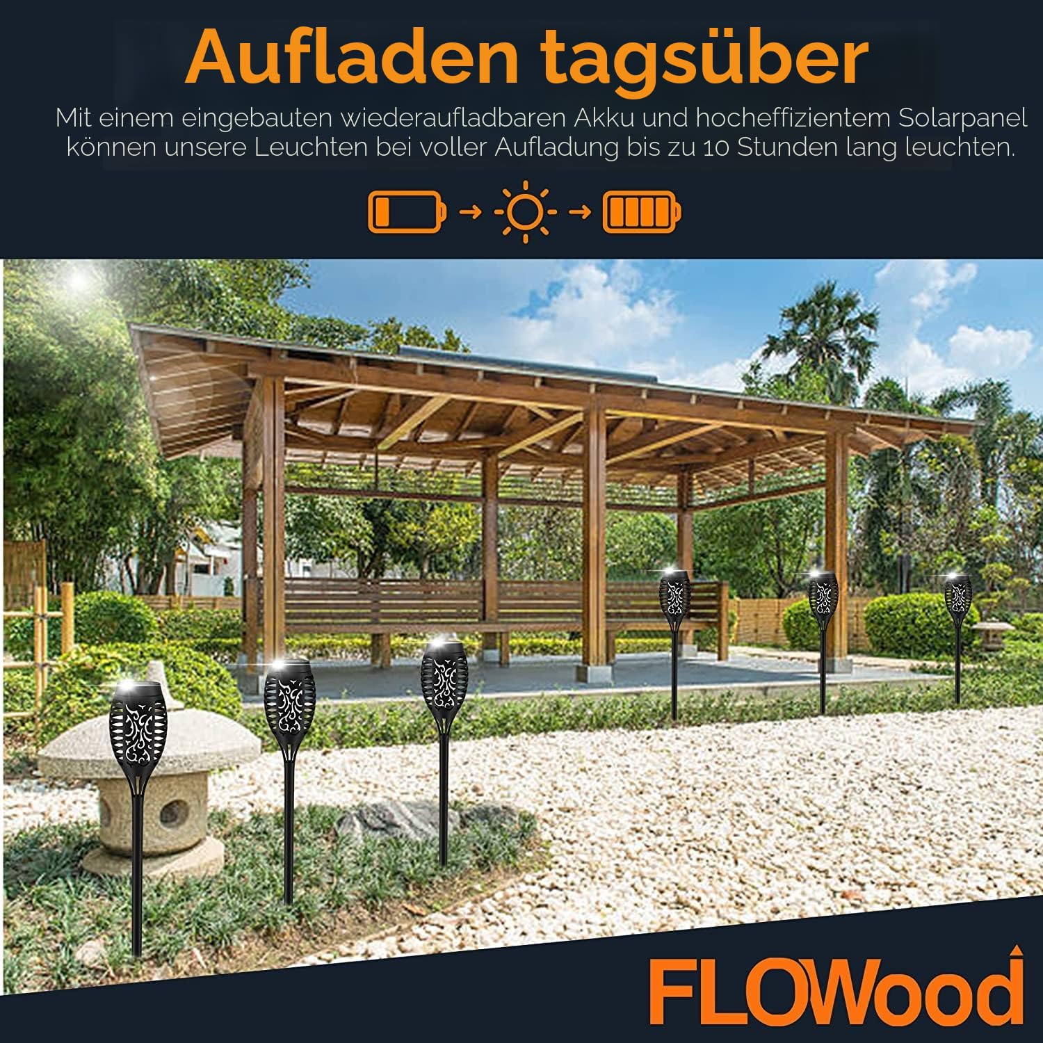 FLOWood Solarleuchten für Außen Garten, 6 Stück, 12LED Solarlampe für Außen Solar Fackel Gartenfackeln, IP65 Wasserdicht Solarlampe, Weg, Hinterhöfe, Rasen1, Flame