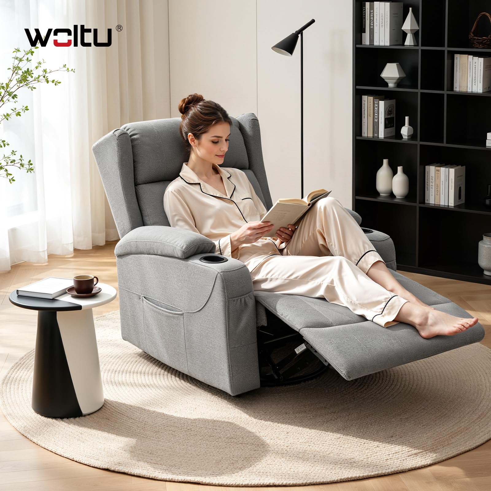 WOLTU Poltrona Relax con Schienale e Poggiapiedi Regolabili, Poltrona Girevole 360° con Funzione Dondolo, Tasche e Portabicchieri, per Soggiorno, Camera da Letto, Portata 150 kg, Effetto Lino, Grigio