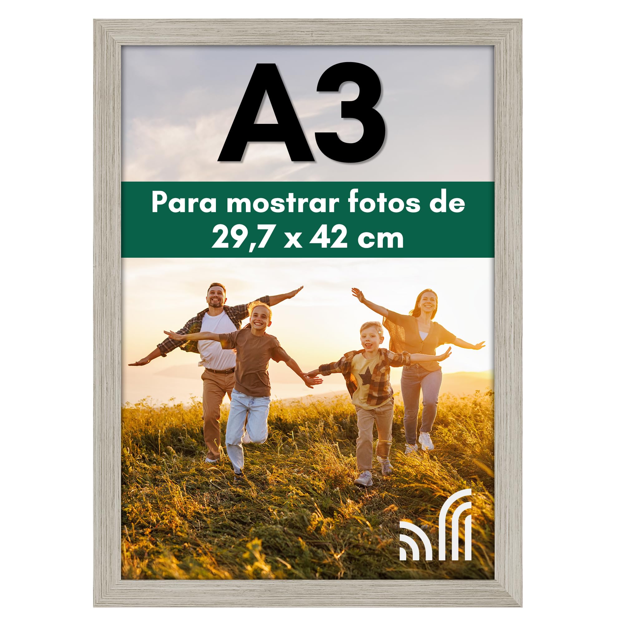 Americanflat Marco de Fotos A3 en Madera a la Deriva - Marcos de Fotos Pared de MDF con Cristal Irrompible y Ganchos para Colgar - Exposición Horizontal y Vertical