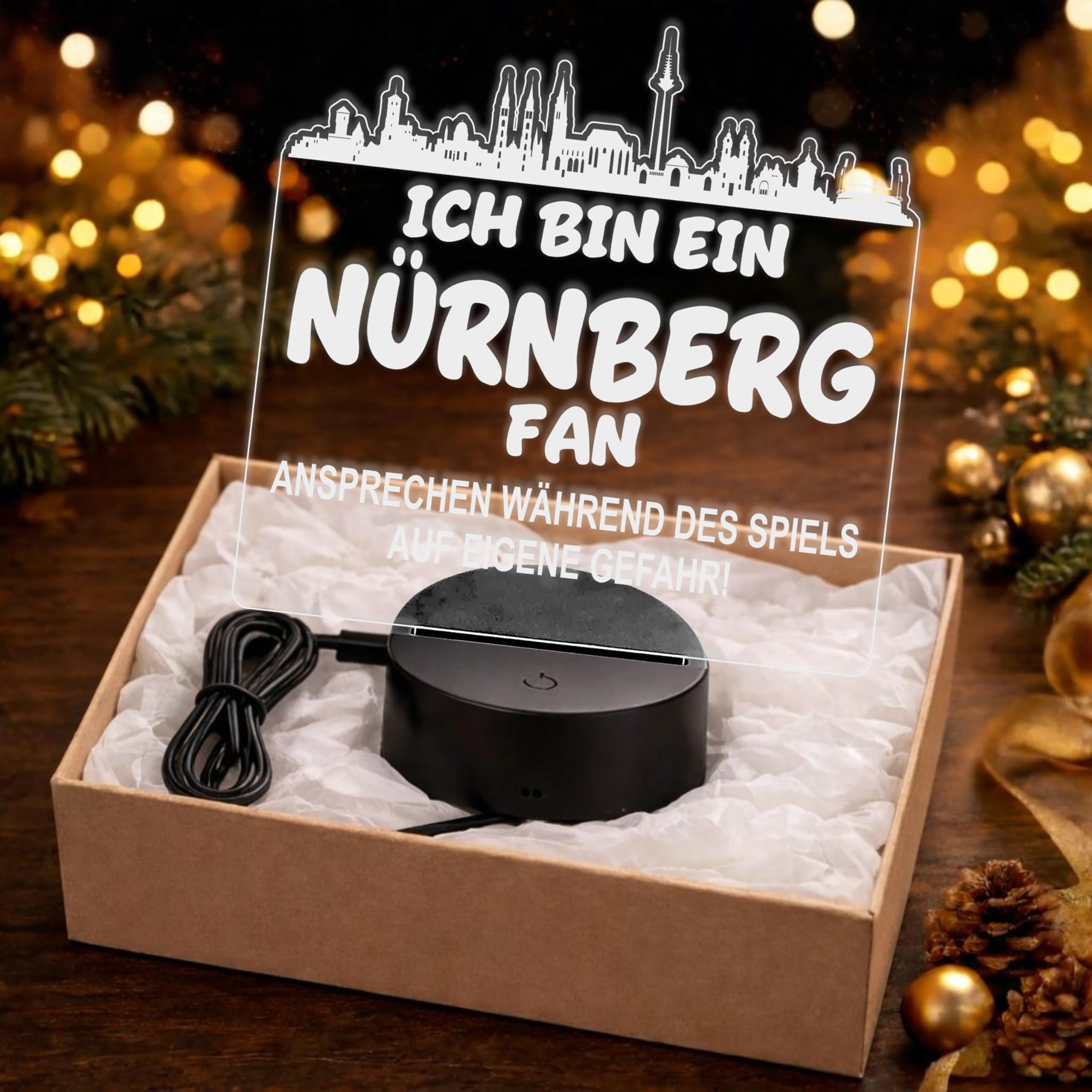 Lieblingsmensch Nürnberg Fan Fußball LED Nachtlicht – 3D Skyline Design „Ansprechen auf eigene Gefahr“ – RGB Farbwechsel mit Fernbedienung & Touch – Stimmungslicht für die Man Cave – 19x23cm