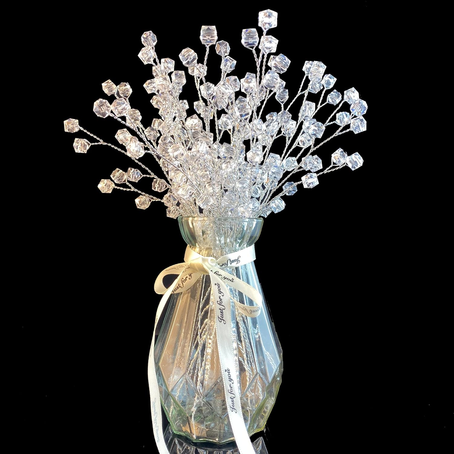 32 Stems Artificial Flowers Bouquet Crystal Acrylic Beaded Flower Branches Handmade Fake Baby Breath DIY Crafts Floral Arrangement for Wedding Home Office Decor(Clear)