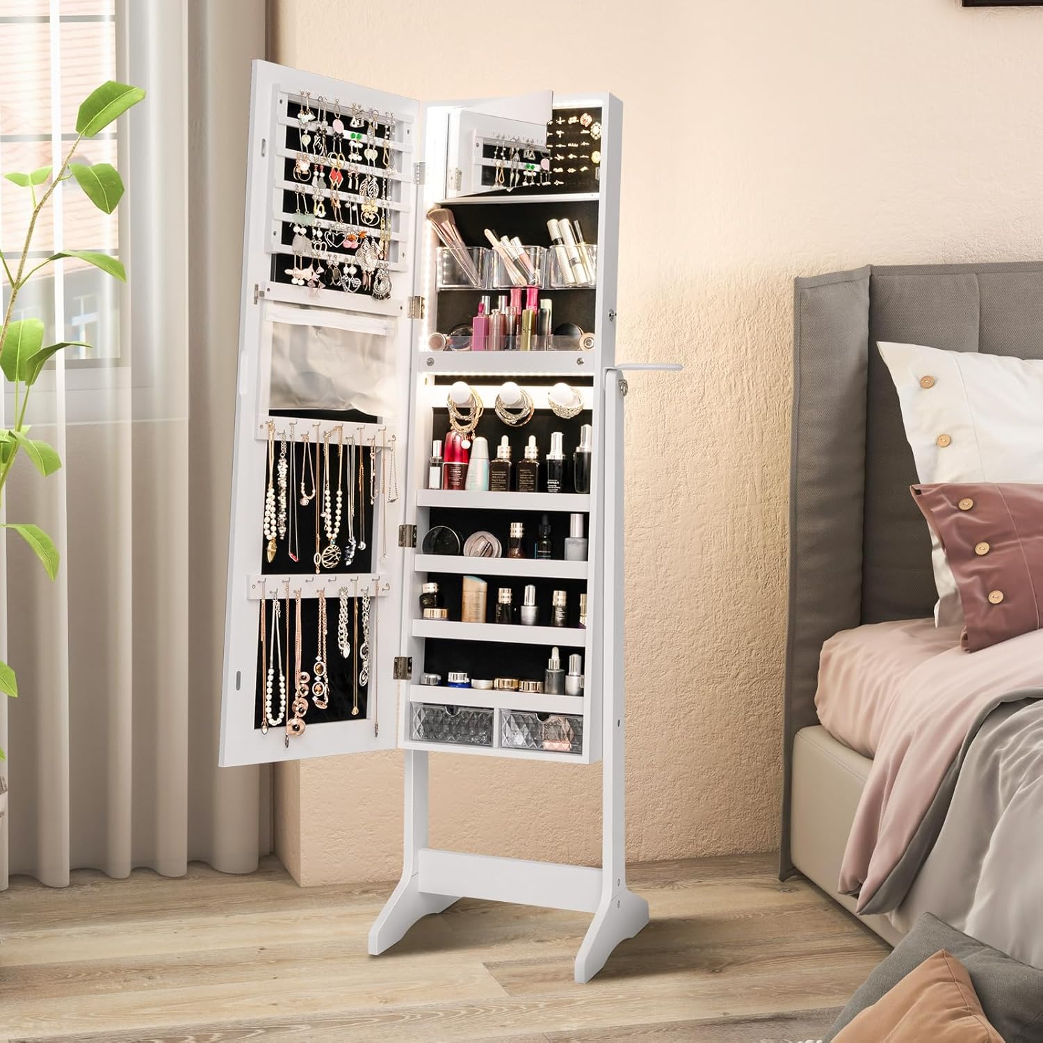 CHARMAID Jewelry Cabinet Armoire with Full Length Mirror, Flip-open Vanity Mirror, 3 Color LED Lights, Hair Dryer Holder, Lockable Standing Jewelry Organizer with Storage Shelves Drawers (White)