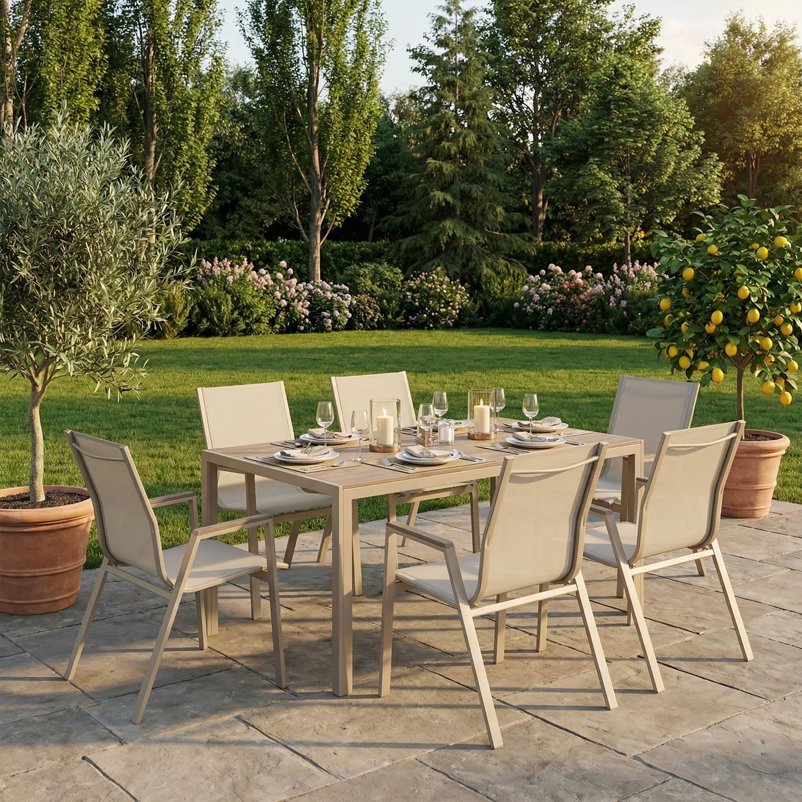 Gartenmöbel Set MONDELLO mit 6 Stühlen, Champagner - Gartentisch 150x90 cm mit 6 Gartenstühlen, Stahlgestell pulverbeschichtet, WPC-Tischplatte, Textilene Sitzfläche [max. Belastbarkeit 120 kg]