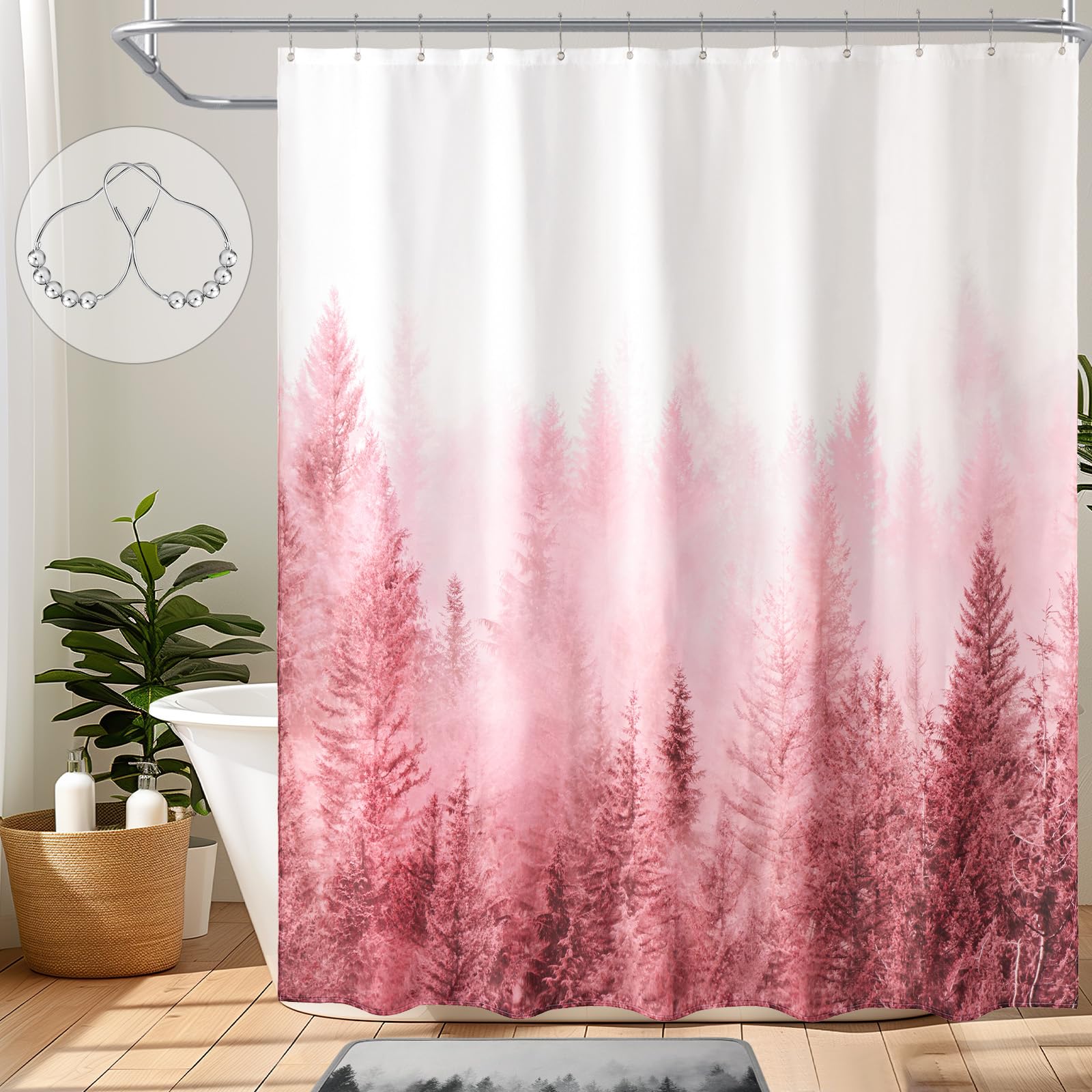 ORTIGIA Pink Shower Curtain with Misty Forest Patten for Bathroom, Nature Woodland Shower Curtain Set with Hooks, Weighted Waterproof Pine Tree Fog