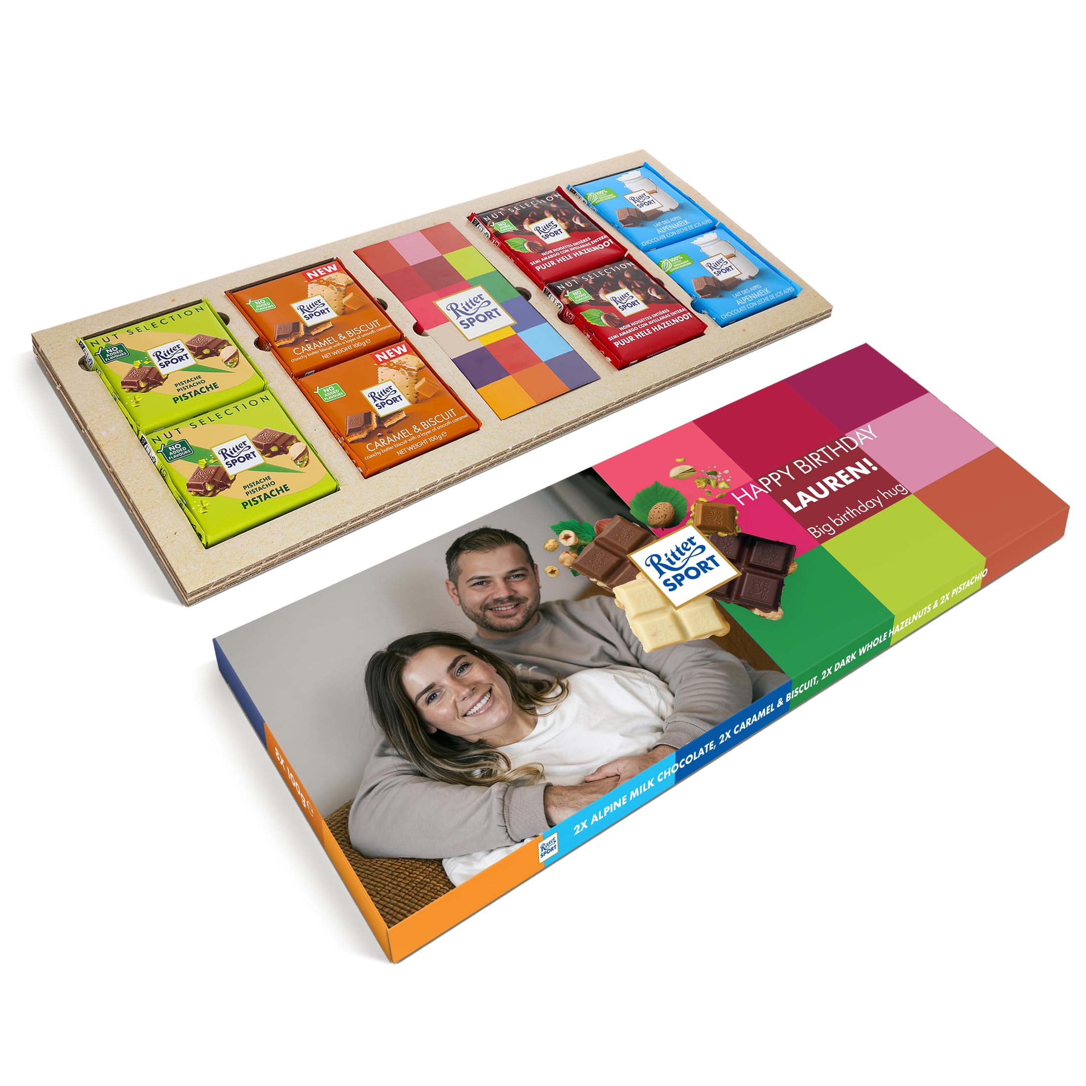 Mega Ritter Sport Schokoladentafel Personalisiert - Schokolade mit Namen personalisiert, Geschenk zum Geburtstag, Alpenmilch, Pistazie, Karamell Keks, Zartbitter ganze Haselnuss (XXL Ritter Sport)