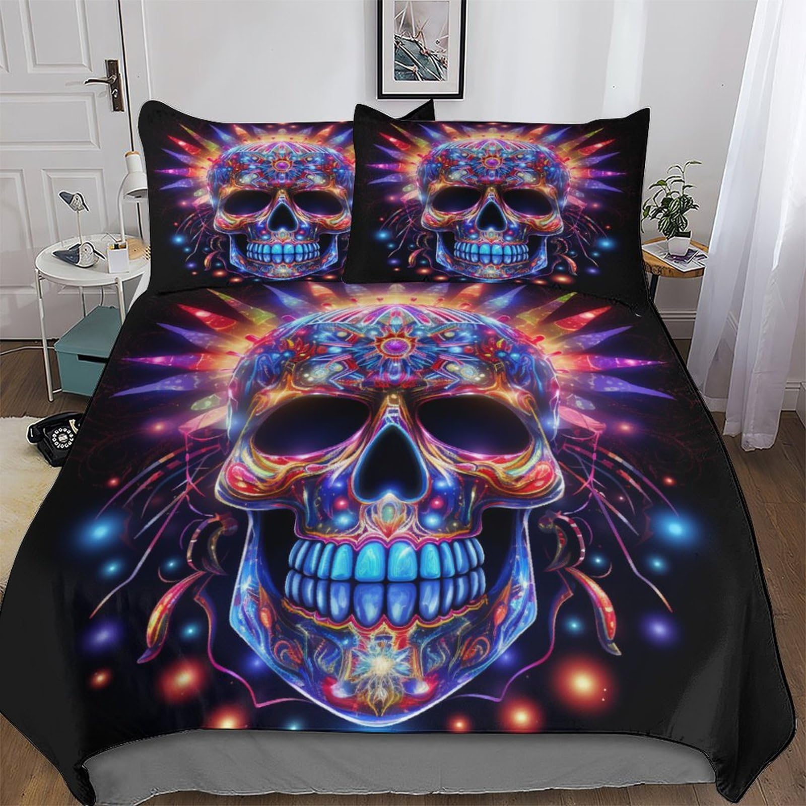 Housse de couette crâne parure de lit 3D en microfibre 200x200cm pour lit double avec taies