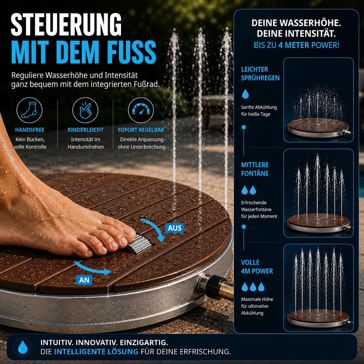 poolomio® Bodendusche Outdoor Ø 74 cm - Gartendusche WPC, 18 Fontänen, 4m | Außendusche/Outdoor Dusche für Garten, Pool & Terrasse, Anschluss an 3/4-Zoll-Gartenschlauch, Fuß-Stellrad, mobil, wetterfest