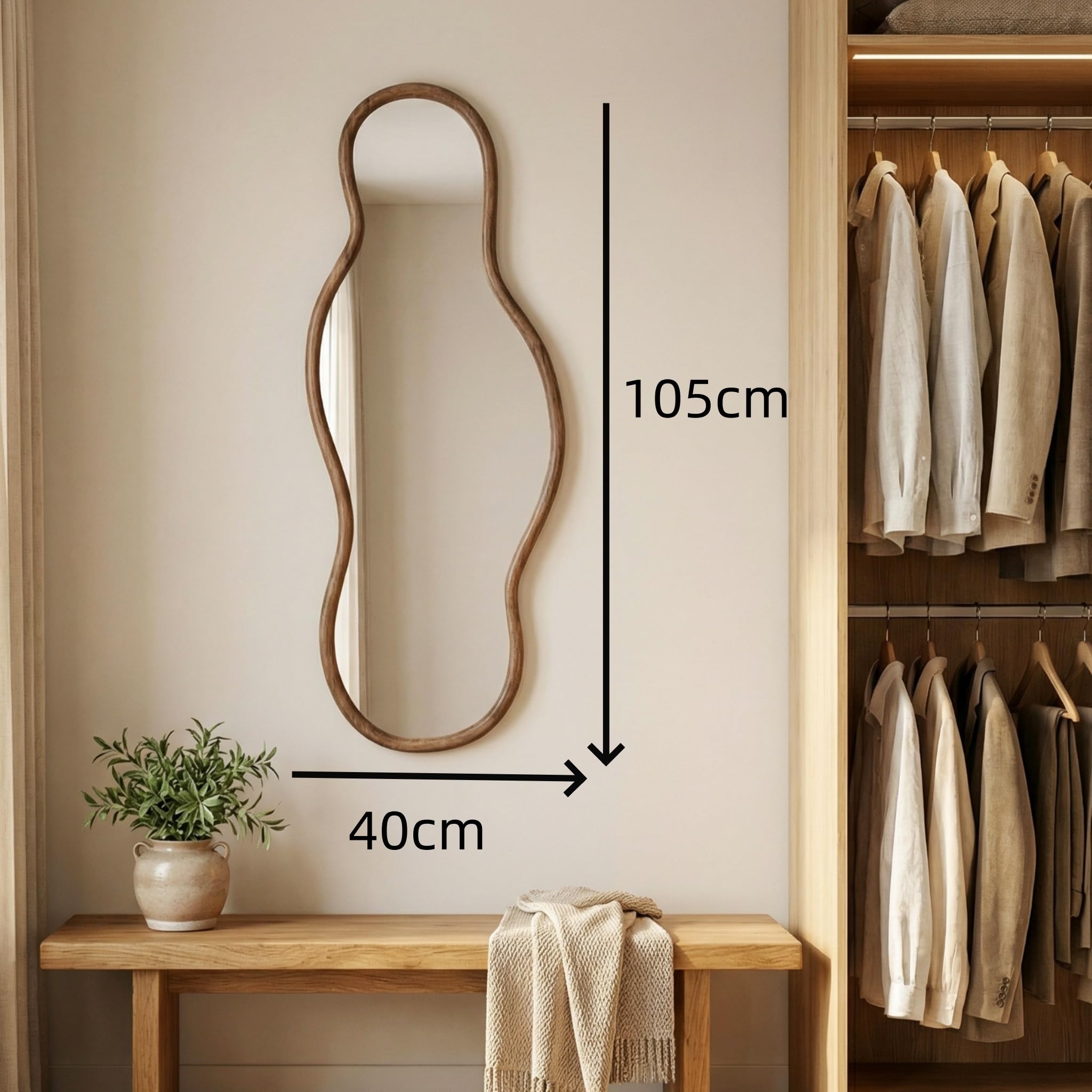 Espejos asimétricos, 105 × 40 cm Espejo de Pared Irregular, Espejo de Cuerpo Entero con Marco de Madera, Espejos en Forma de Nubes Decoración de Salones, Habitaciones, pasillos (105×40cm)