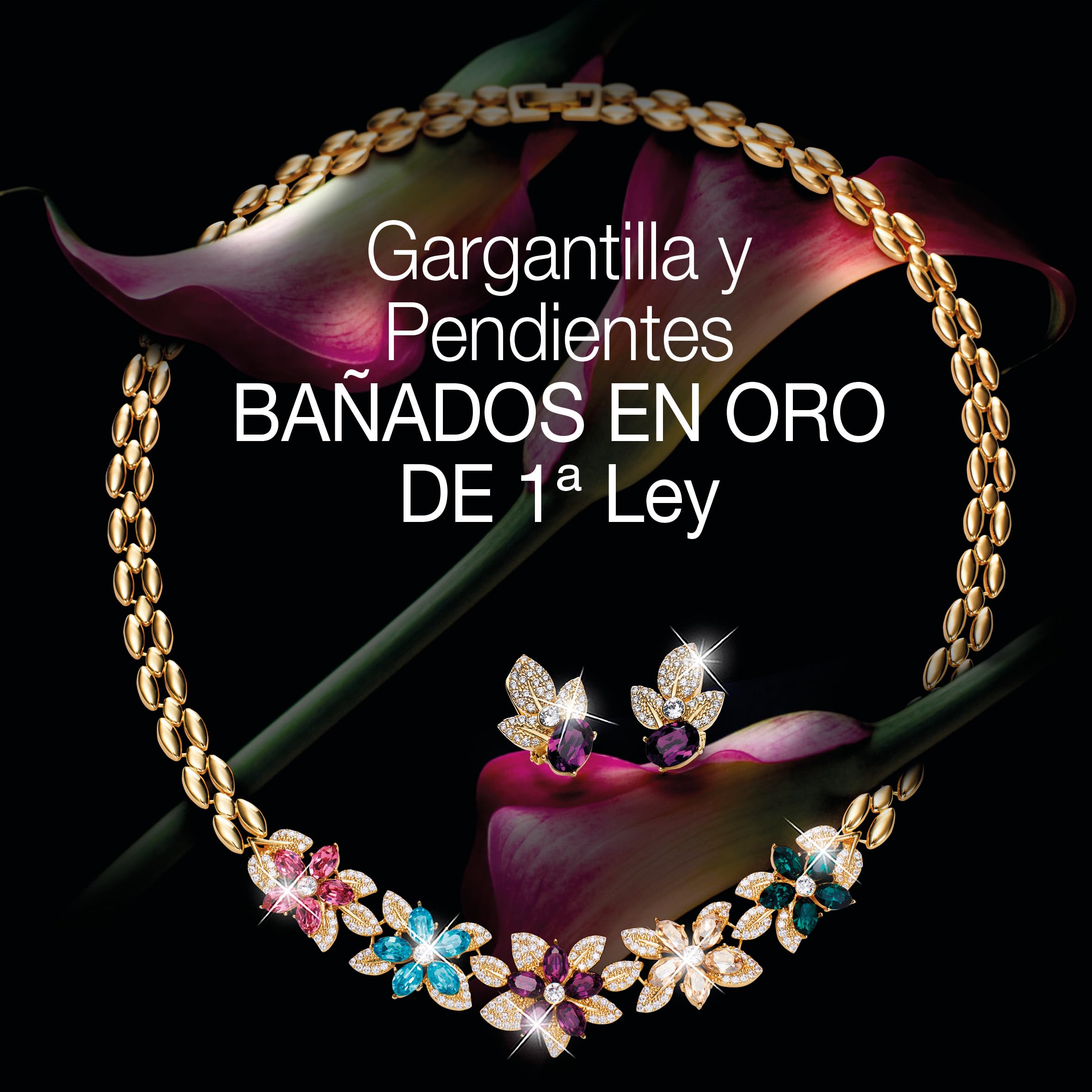 Conjunto BOUQUET DES FLEURS Gargantilla y Pendientes bañados en Oro de 1ª Ley 18K con 27 cristales de Swarovski® y más de 260 Circonitas. Ideal para regalo. Con Pañuelo de diseño para ti