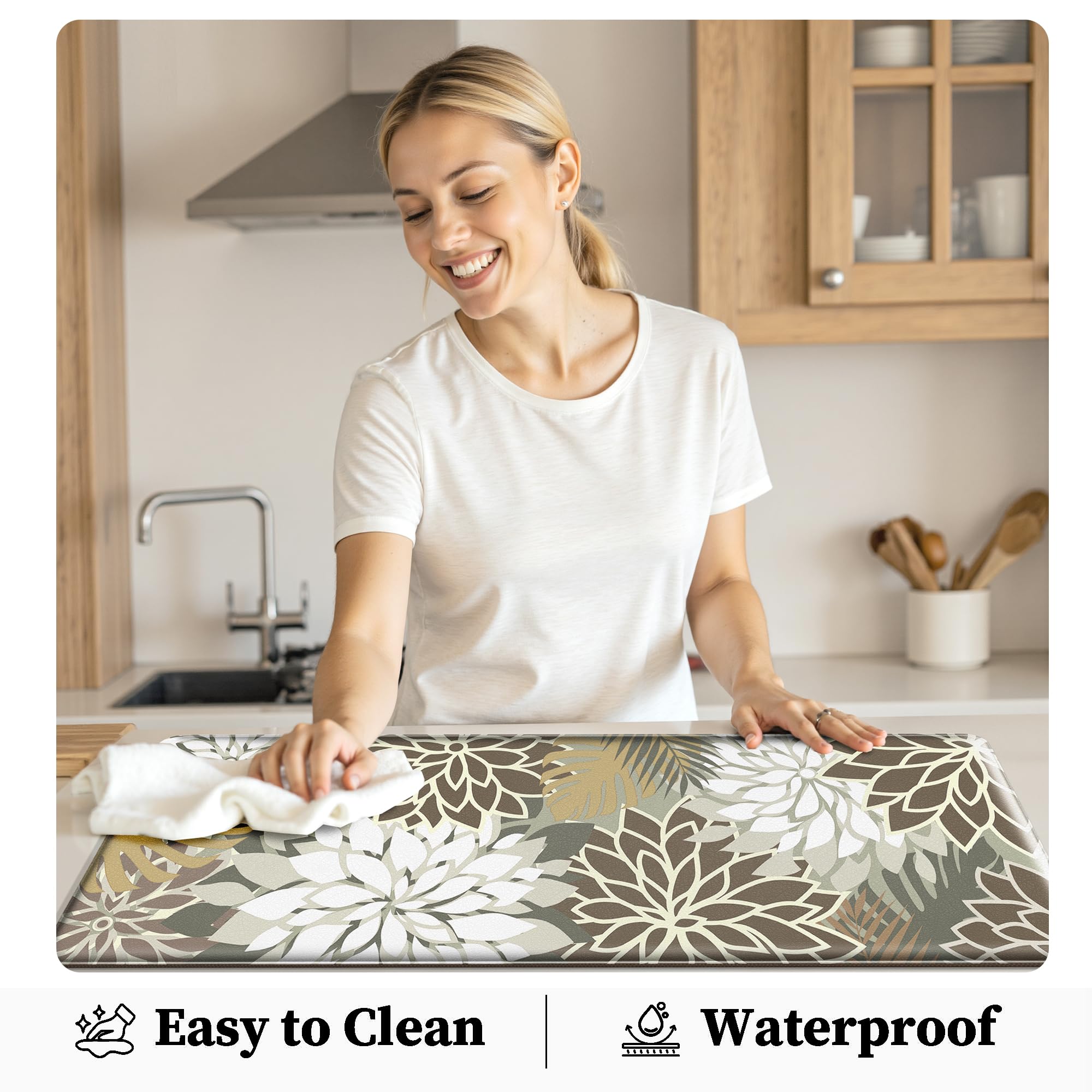 Arenarug Kitchen Mats for Floor 2 Piece Cushioned Anti Fatigue Kitchen Mats Waterproof Non Slip Kitchen Mat Rug Set Comfort Foam Standing Mat for Sink, Laundry, Office, Black White: Brown White 17.3"x30"+17.3"x59"-0.4 inch