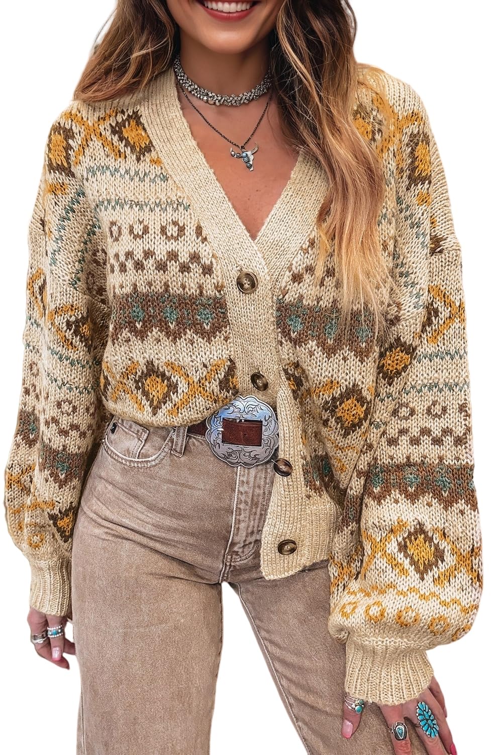 SELINK Womens Western Pattern Cardigan Sweater Knitted Button Long Sleeve V Neck Daily Cardigan Sweater