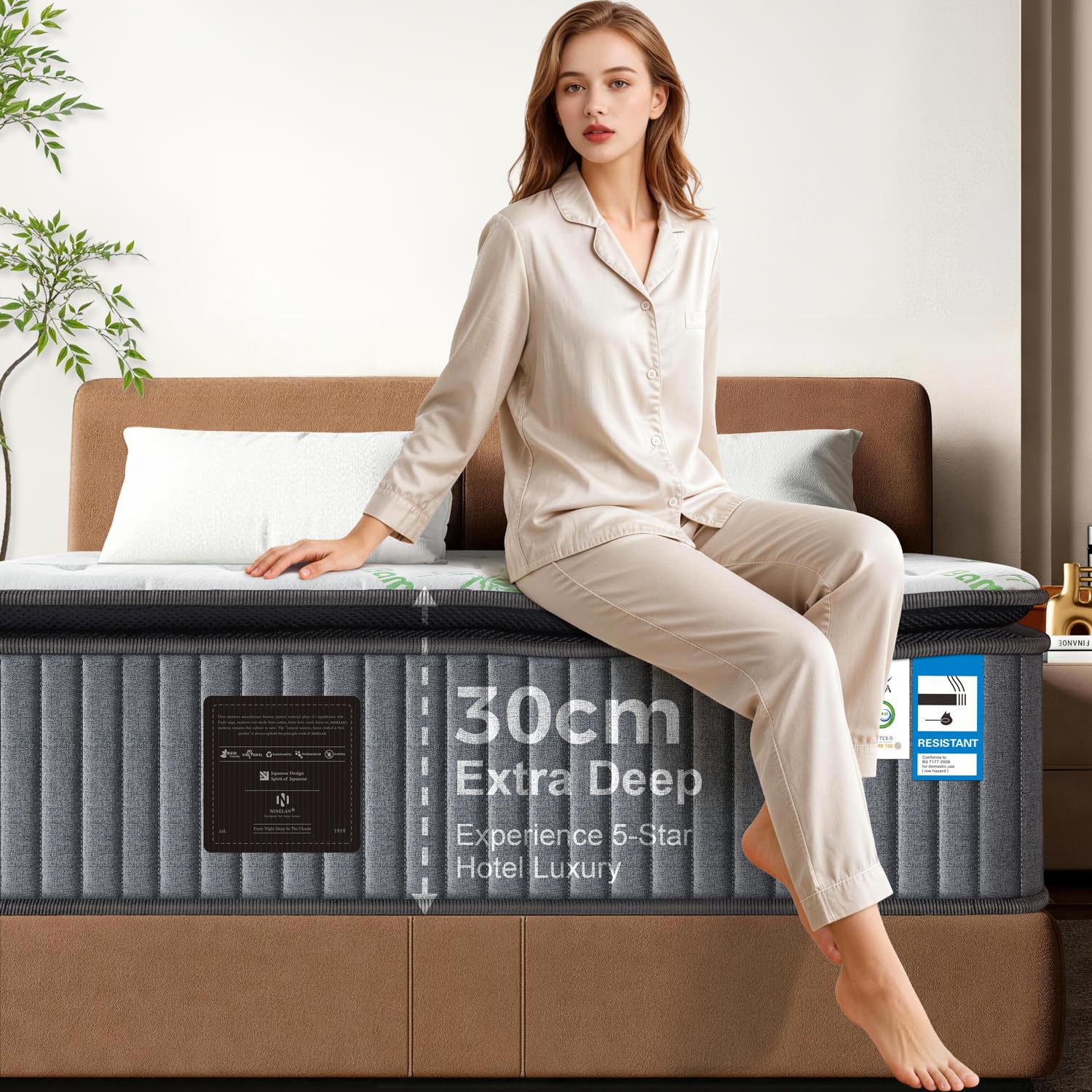 NineLan Luxe Pillow Top Single Mattress 3FT, Orthopaedic Hybrid 7-Zone Pocket Sprung Mattress for Back Pain Relief, Cooling Gel Memory Foam, Breathable Bamboo Cover, Medium Firm, 30cm Deep