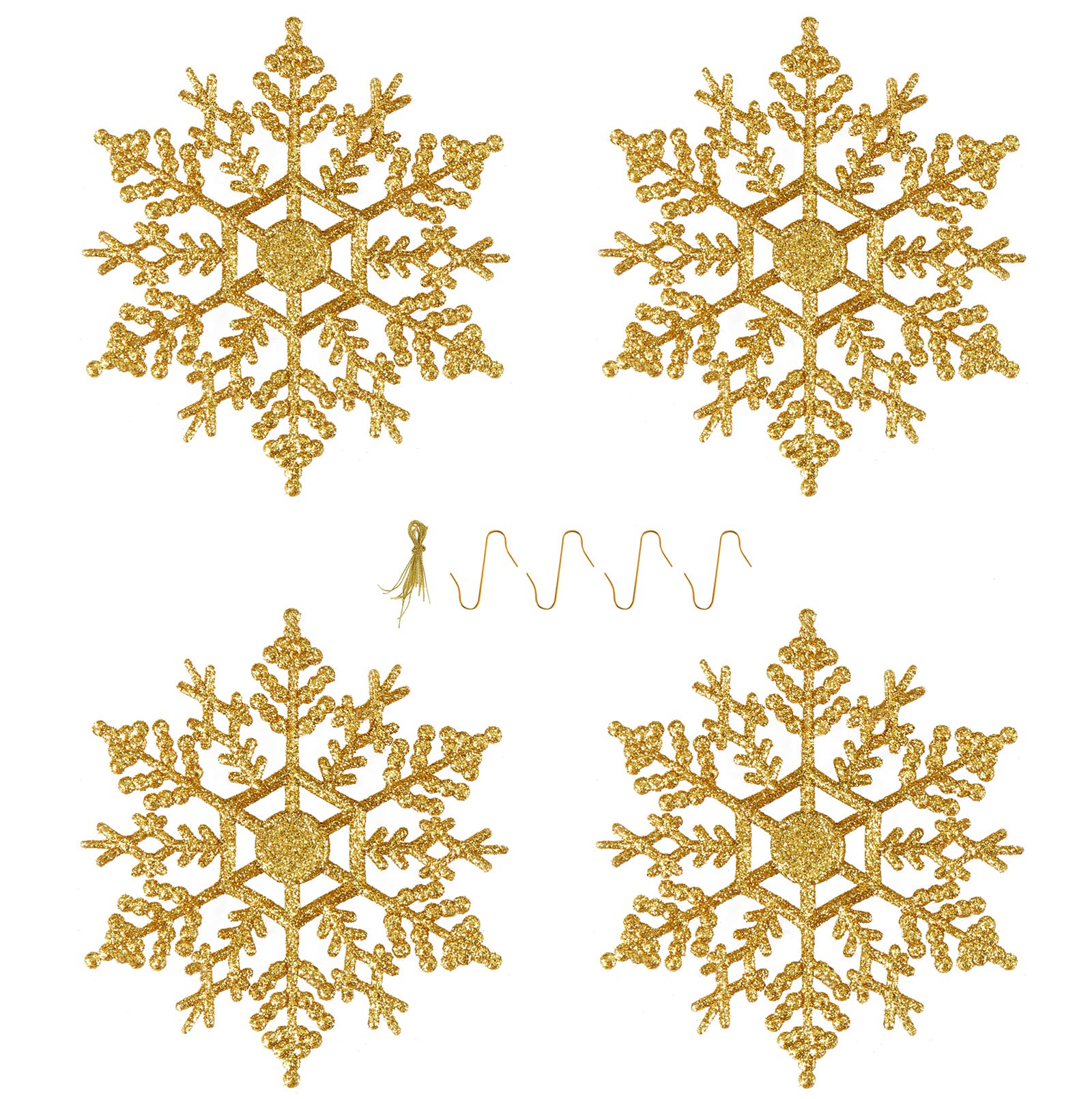 Plastic Glitter Snowflakes Ornaments for Christmas Tree New Year Party Decorations, 4 inches, 24 Pieces (Gold)