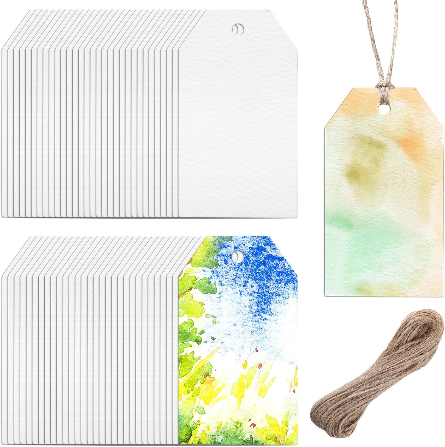 Faccito 50 Sets Watercolor Paper Tags Handmade DIY Blank Gift Tags Thick 300 GSM Cotton Paper, Cold Press Blank Hanging Watercolor Bookmark for Arts and Crafts Gift Wrapping, Wedding, Christmas