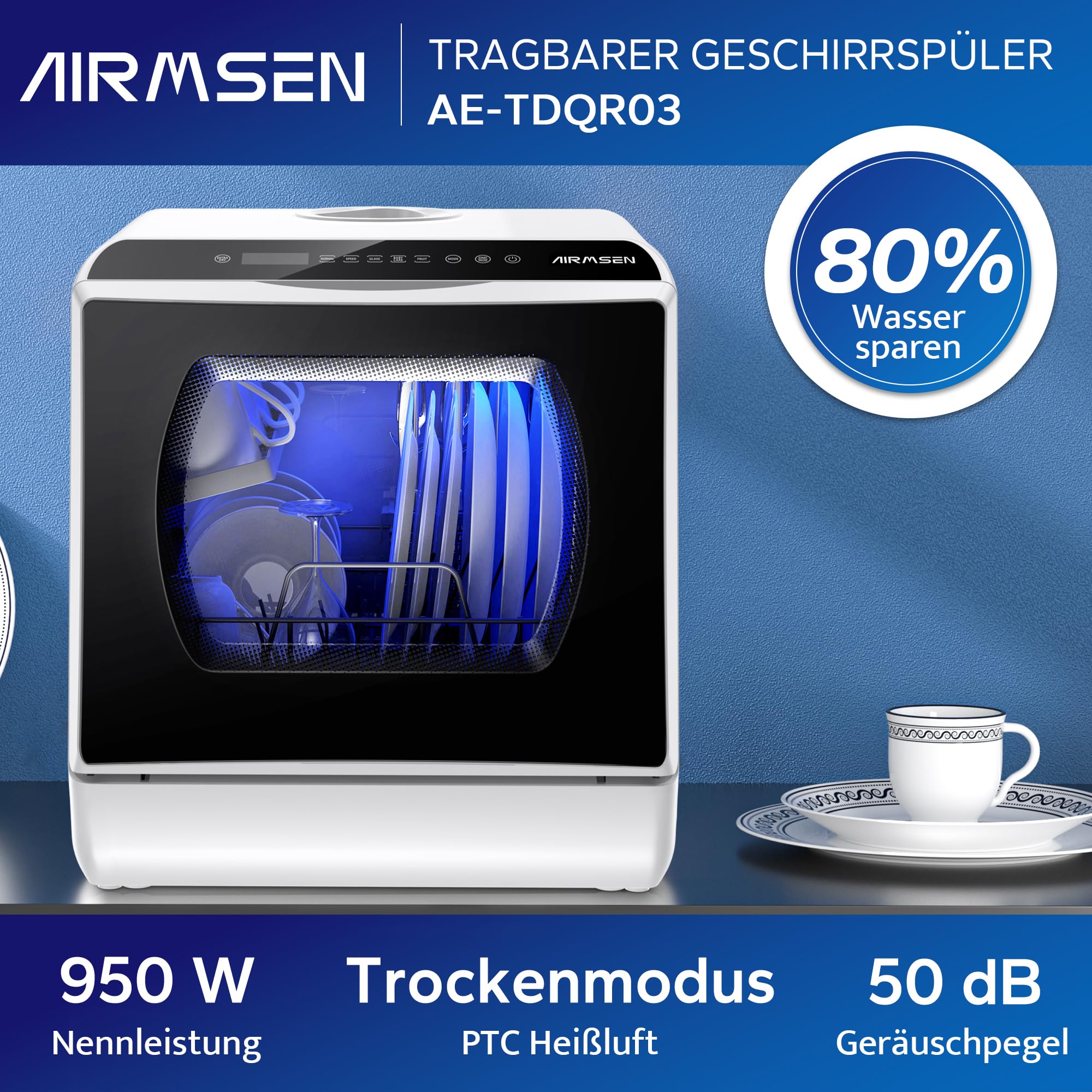 AIRMSEN Tischgeschirrspüler Mini Geschirrspüler 5+1 Programme 5L Wassertank 2 Wege Wasserversorgung Touch Control LED-Display Weiß Schwarz