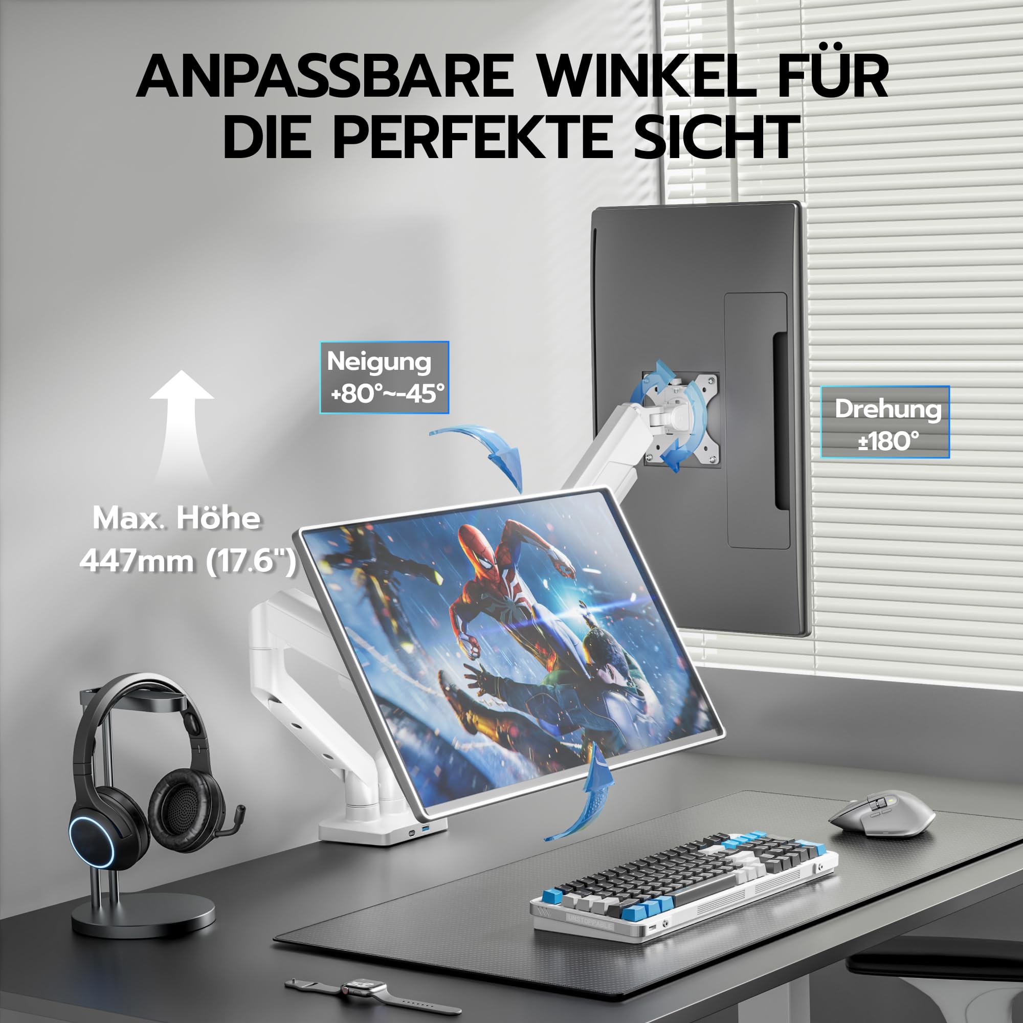 ARES WING Dual Monitorarm für 2 Monitore 17-35 Zoll, USB-A/C, Weiß | Dual Monitorarm mit 2-12 kg Tragkraft, Monitorarm mit Kabelmanagement – Neig-/Schwenk-/Drehbar, VESA 75/100 mm