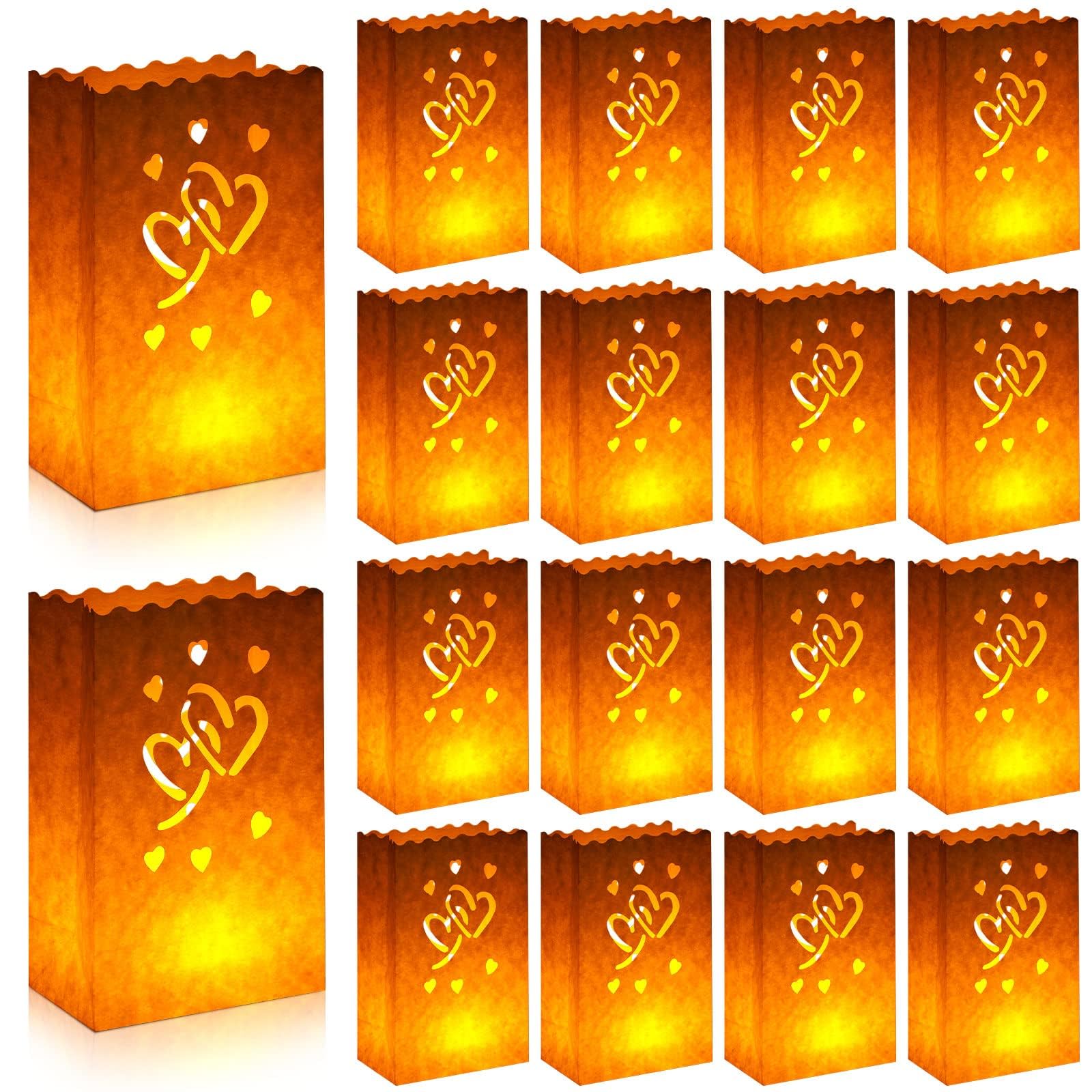 Tazweeq100 Pcs White Luminary Bags, Hearts Design Reusable Paper Lantern Bags, Flame Resistant Candle Bags, Fire Retardant Candle Bags, for Wedding, Valentines, Spring Engagement Event