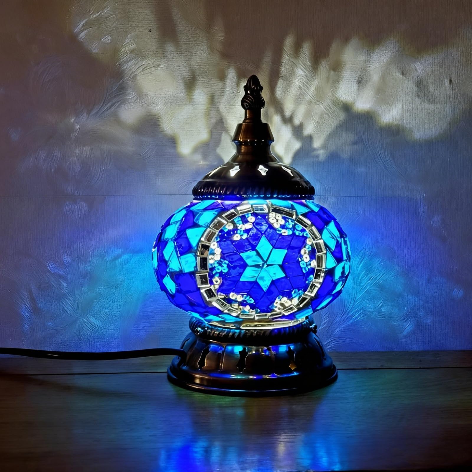 Maimeili Turkish Exotic Mosaic Table Lamp with Handmade Moroccan-Style Decorative Glass Retro Lamp Shade with USB Decorative Desk Lights Bedside Lights for Bedroom